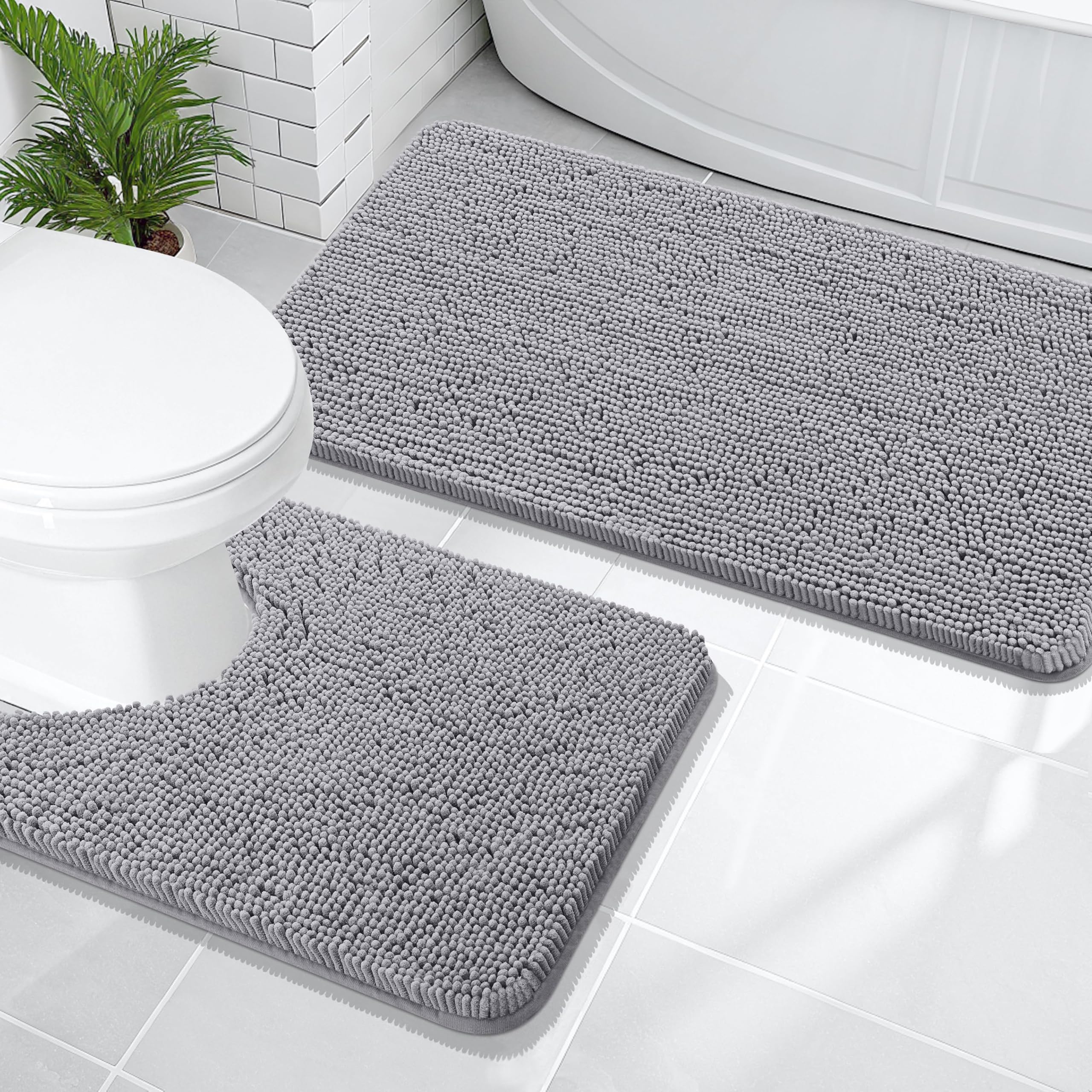 OLANLY Bathroom Rugs Sets 2 Piece, Soft Absorbent Chenille Bath Mats and U-Shaped Contour Toilet Mat Area Rug Set, Machine Washable Bath Carpet, Home Decor Accessories(30"x20"+24"x20", Grey)