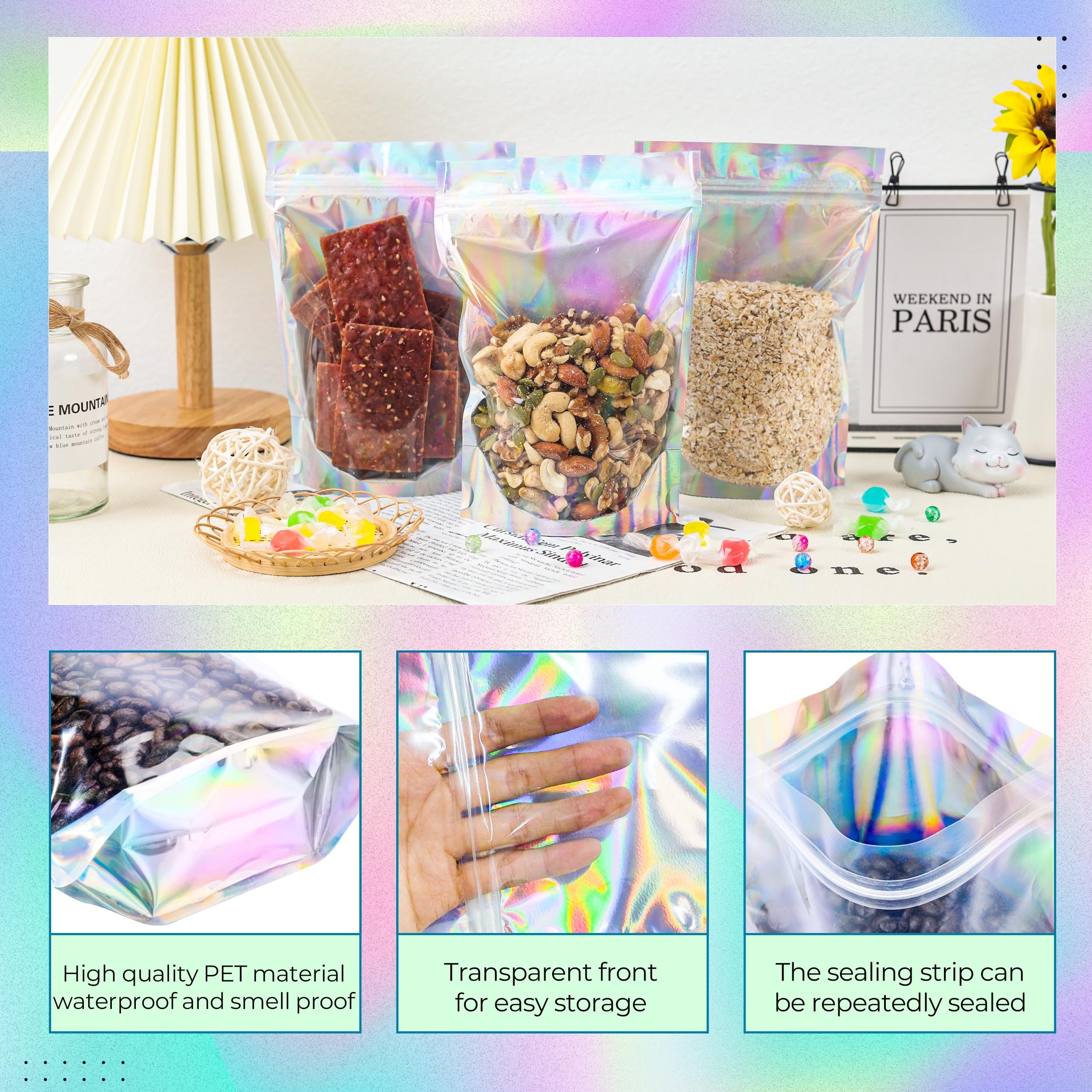 Holographic Mylar Bags Resealable Smell Proof Bags for lip gloss, Jewelry, Lash Candy and More - Small Business Packaging Supplies(100PACK, 3x9INCH)
