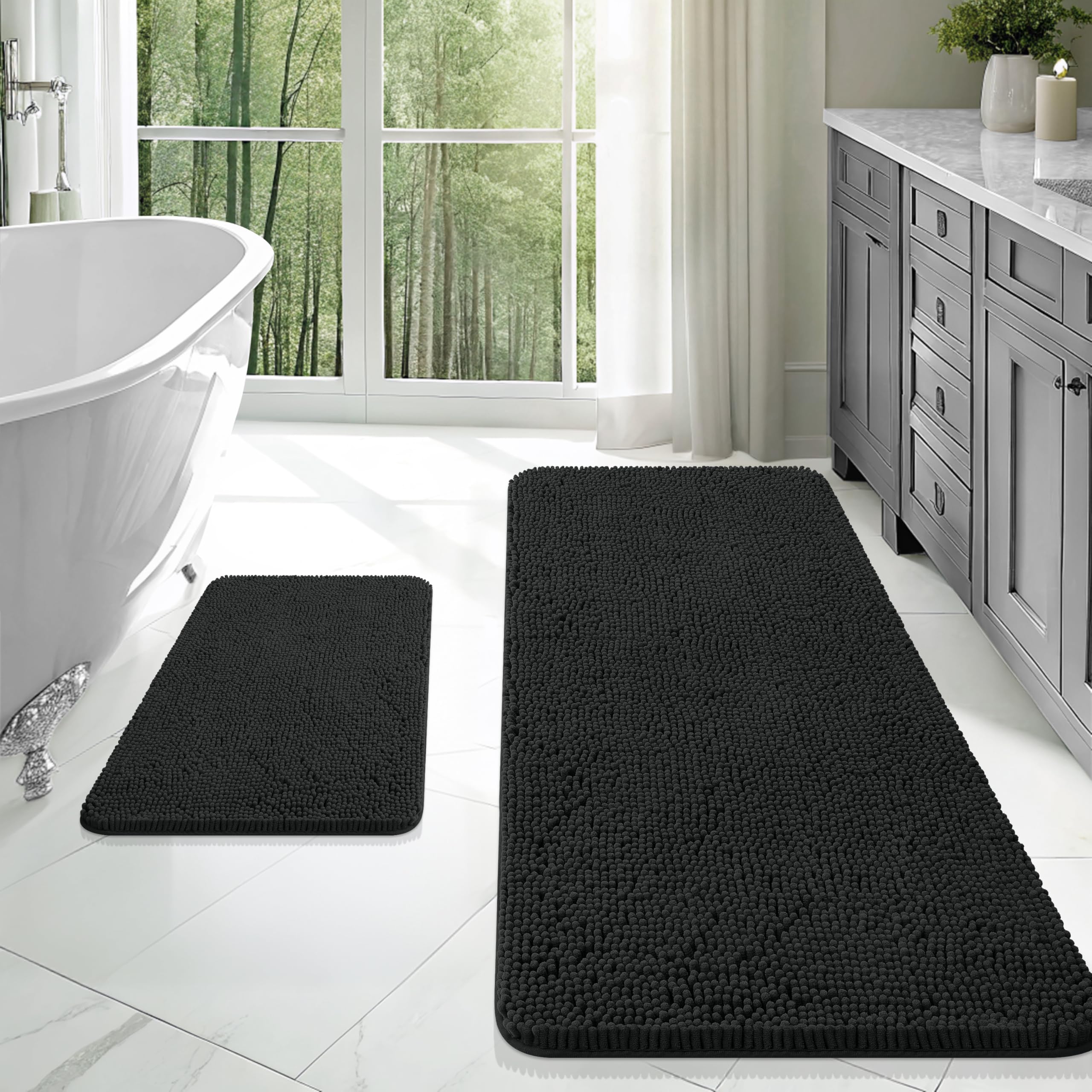 OLANLY Bathroom Rugs Sets 2 Piece, Soft Absorbent Chenille Bath Mats and U-Shaped Contour Toilet Mat Area Rug Set, Machine Washable Bath Carpet, Home Decor Accessories(30"x20"+24"x20", Grey)