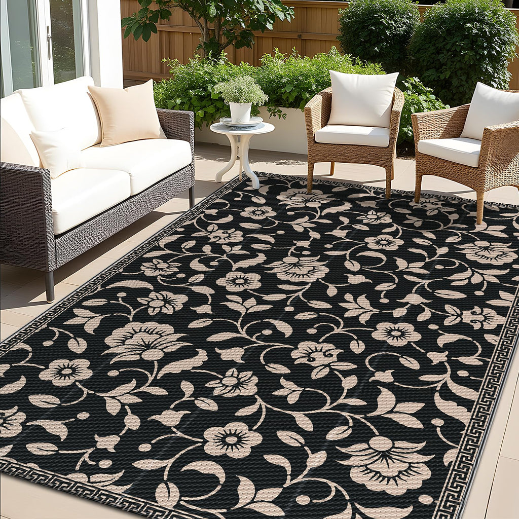 OLANLY Waterproof Outdoor Rug 5x8 ft, Outdoor Plastic Straw Rug with Flower Pattern, Reversible RV Mat for Patio, Camping, Balcony, Deck, Backyard, Navy & White