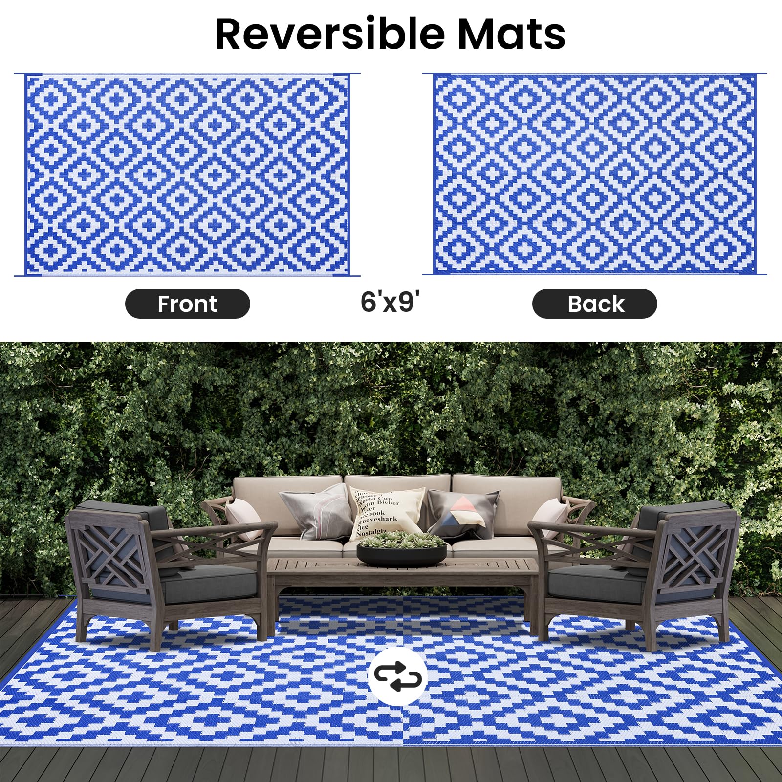 Smiry Waterproof Outdoor Rug 5x8 ft, Reversible Plastic Straw Patio Camping Rugs, Outdoor Indoor RV Mat Carpet for Patio, Outside Entry, Backyard, Deck, Bench, Picnic, Camper, Black & Beige