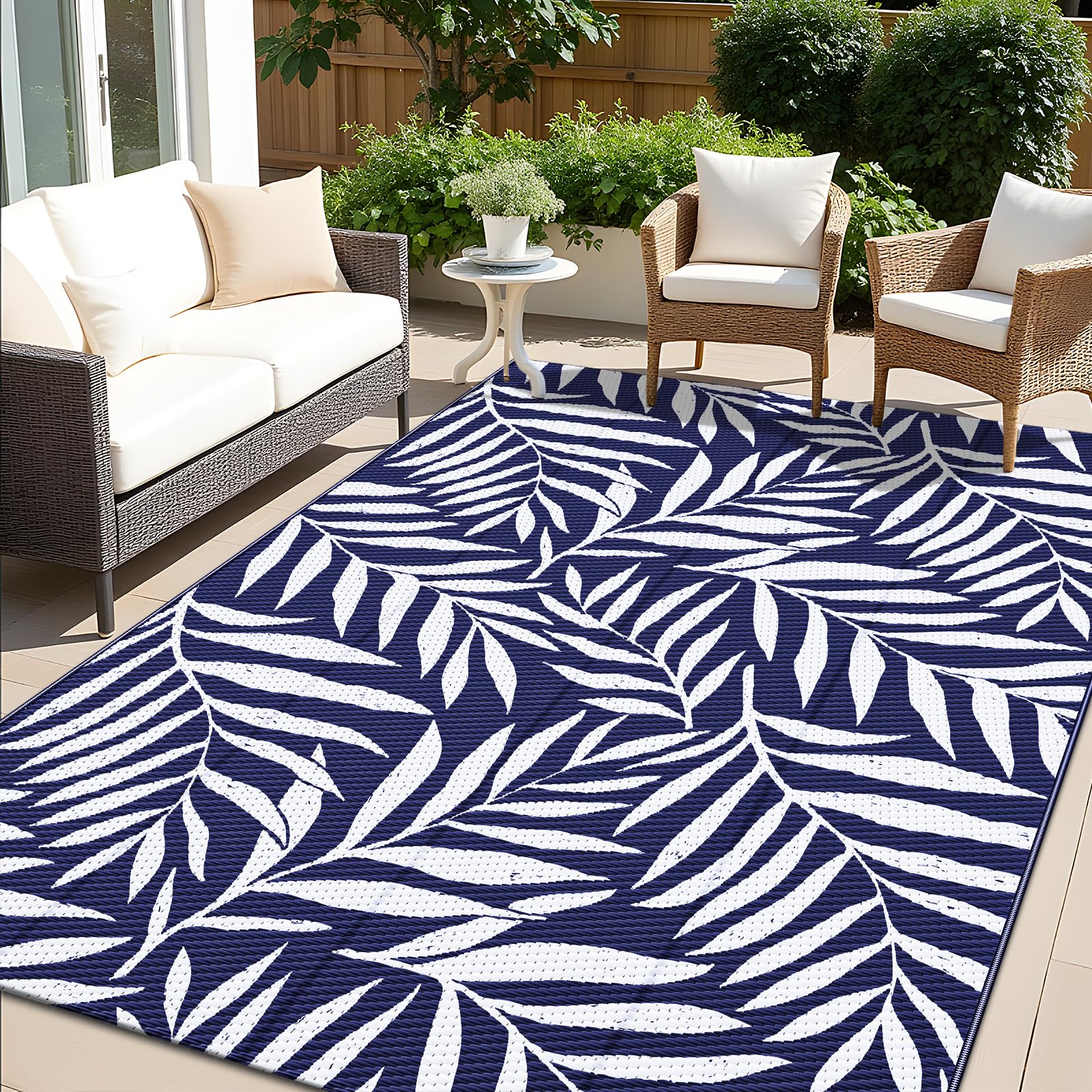 OLANLY Waterproof Outdoor Rug 5x8 ft, Reversible Outdoor Plastic Straw Rug with Leaf Pattern, RV Mat, Indoor Outdoor Carpet for Patio, Camping, Balcony, Deck, Backyard, Grey & White