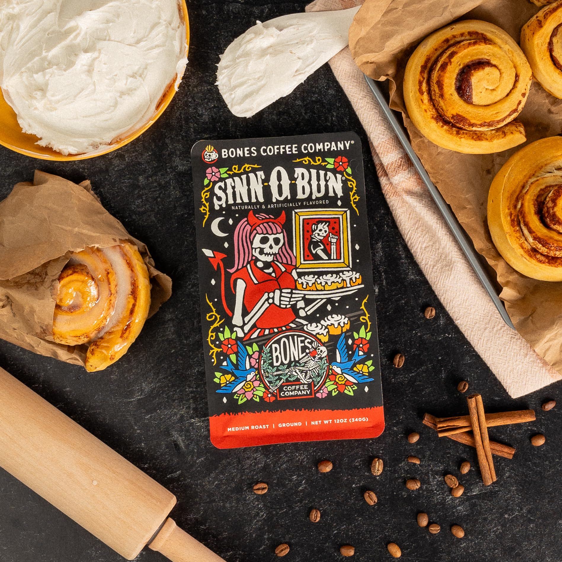 Bones Coffee Company Cinnamon Roll Flavored Coffee, Medium Roast Low Acid Arabica Beans Compatible with Auto drip and French Press Coffee Maker, 12 Oz Ground