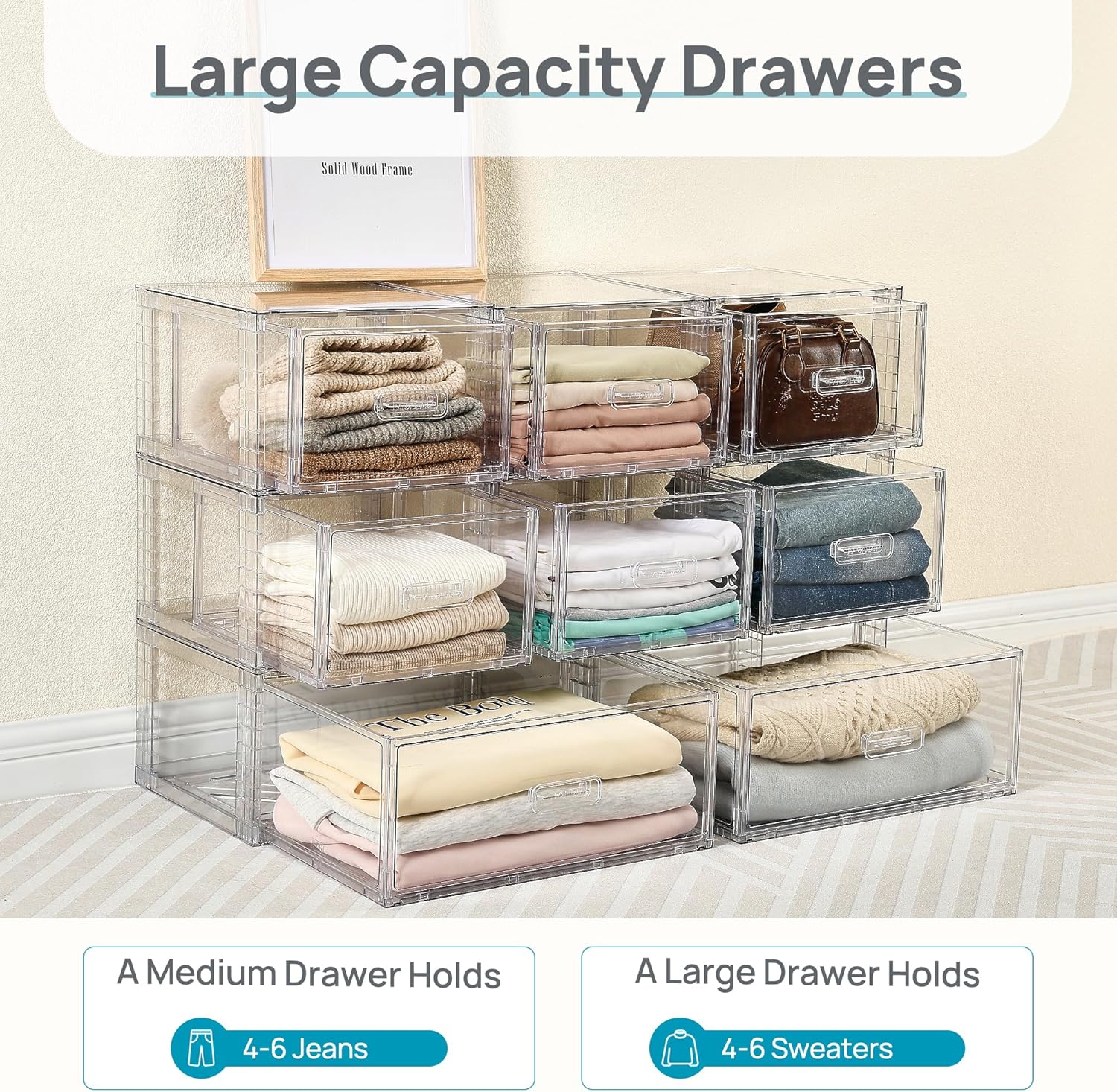 Vtopmart 4 Pack 18QT Clear Stackable Storage Drawers,Easily Assemble Closet Organizers,Plastic Storage Bins for Bathroom,Cabinet,Kitchen Pantry,Under Sink Organization(Medium)