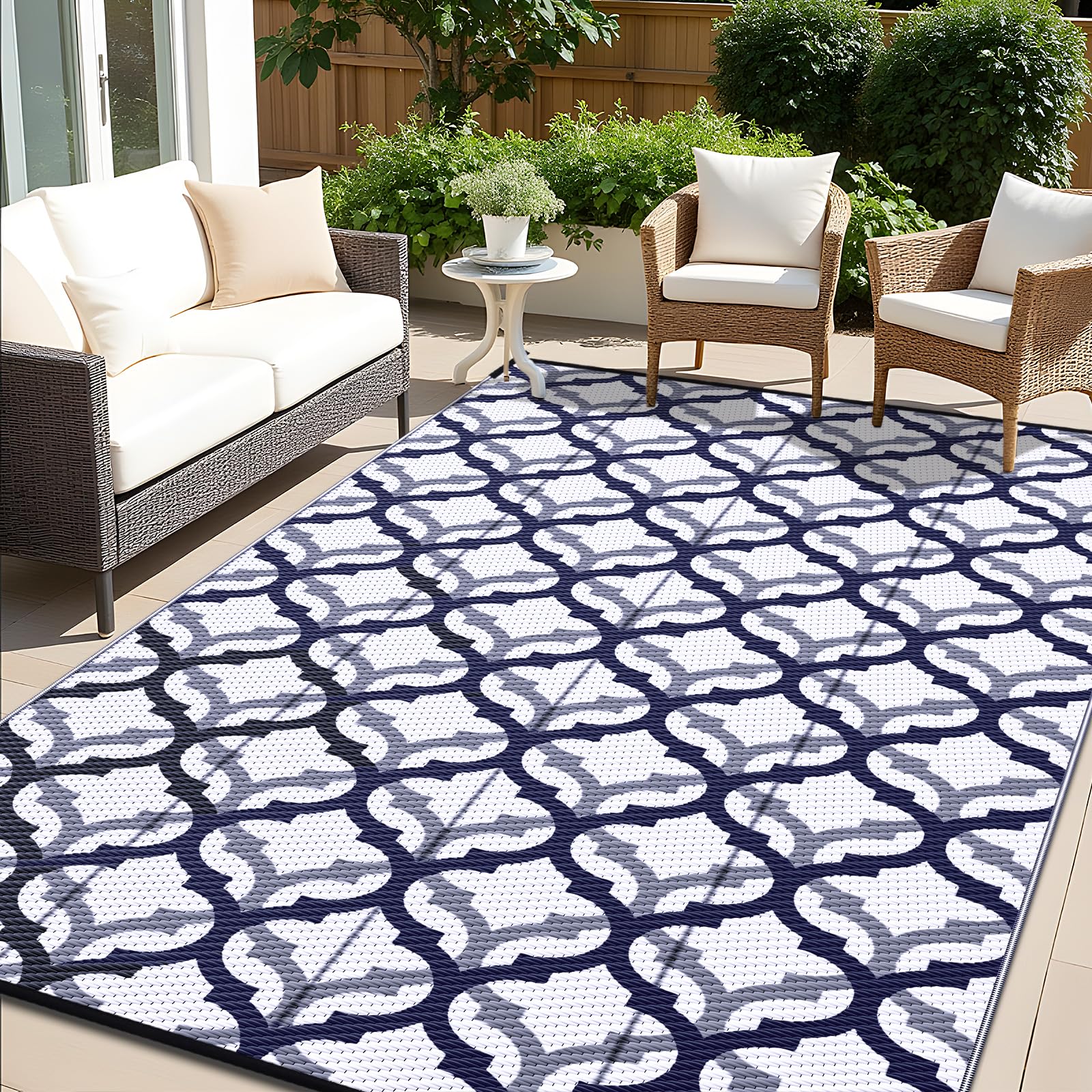 OLANLY Waterproof Outdoor Rug 5x8 ft, Outdoor Plastic Straw Rug for Camping, RV Mat Outside, Indoor Outdoor Carpet for Porch, Deck, Backyard, Balcony, Picnic, Black & White