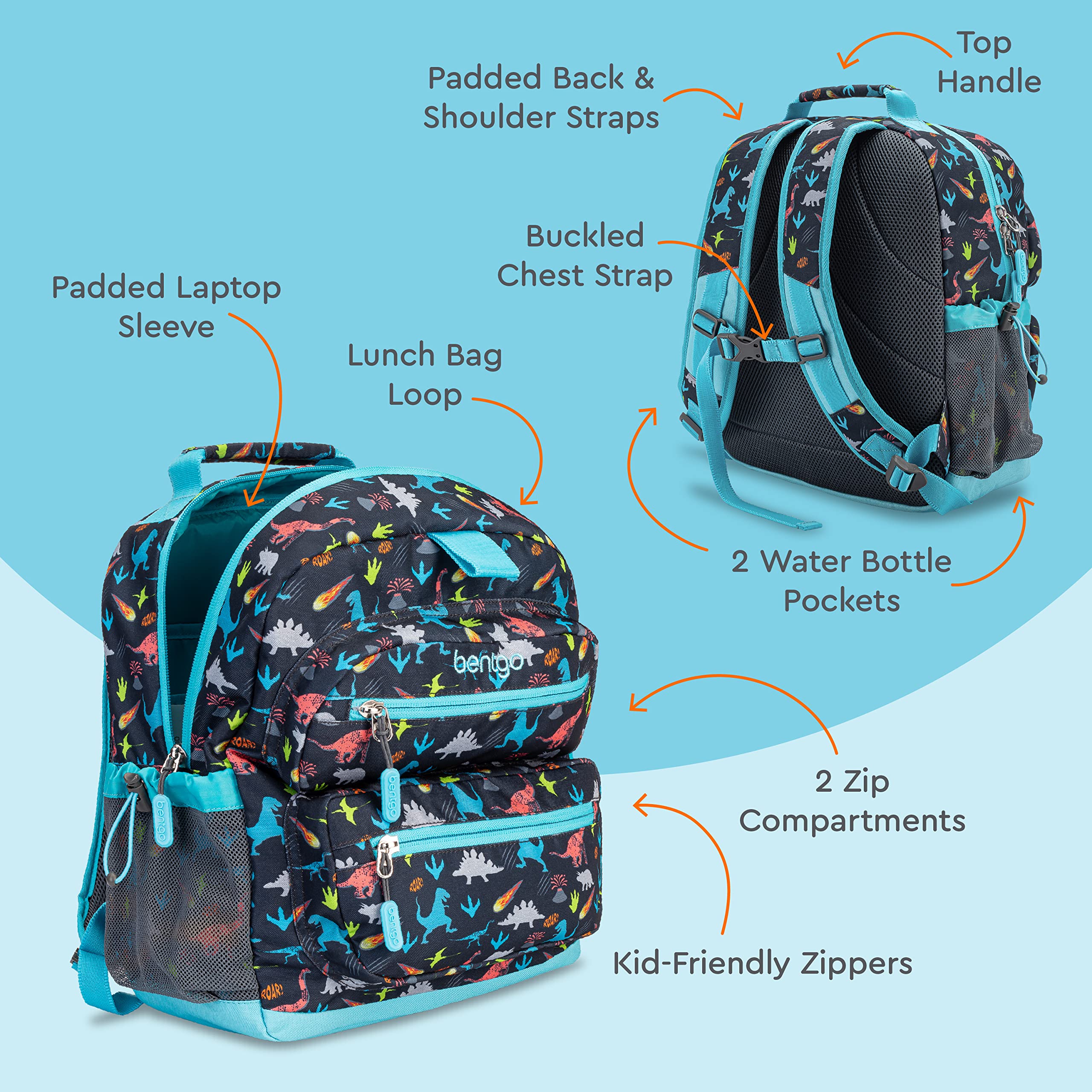 Bentgo Kids Backpack - Lightweight 14” Backpack in Fun Prints for School, Travel, & Daycare, Ideal for Ages 4+, Roomy Interior, Durable & Water-Resistant Fabric, & Loop for Lunch Bag (Trucks)