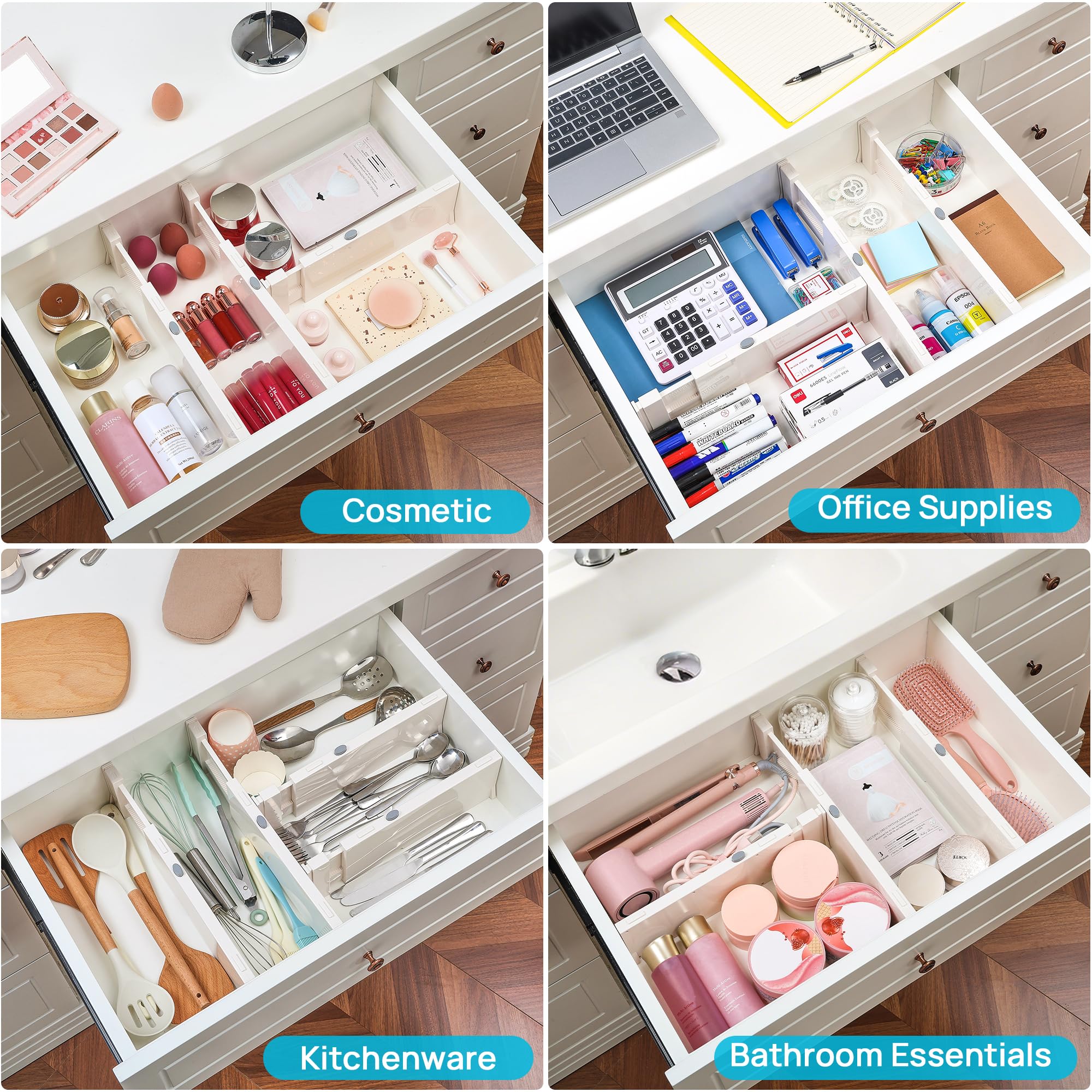 Vtopmart Drawer Dividers for Clothes 8 Pack, Adjustable 4" High Expandable from 11.3"-17" Dresser Drawer Organizer, Plastic Drawers Separators for Dresser, Baby Clothes, Kitchen and Office Storage