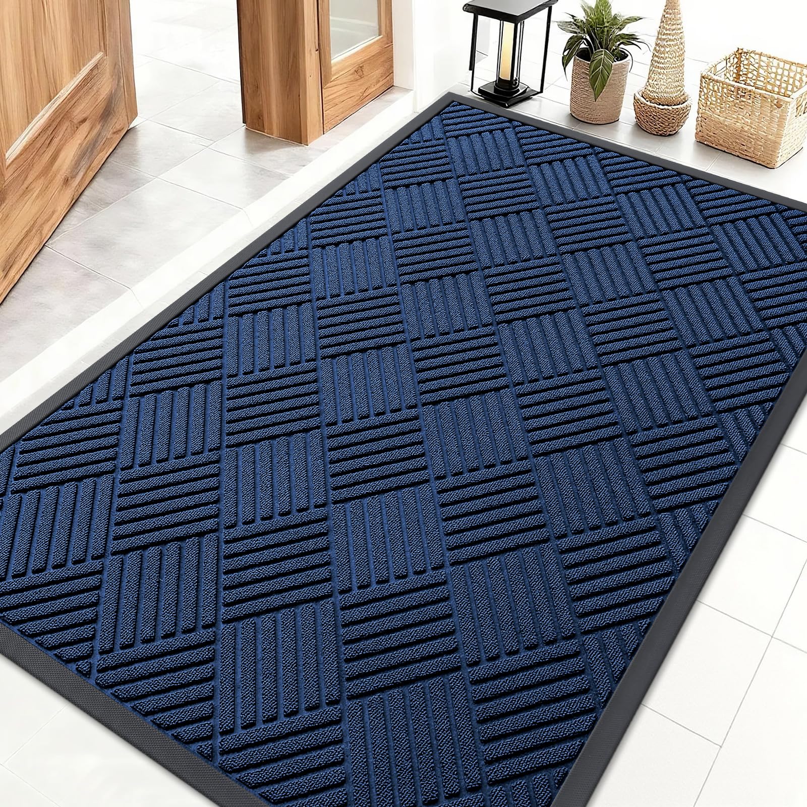 OLANLY Front Door Mat Outside Entrance 29.5x17, Absorbent, Heavy Duty Sturdy Natural Rubber Doormat Indoor Outdoor, Stain and Fade Resistant, Non-Slip Low Profile Floor Mat for Entryway, Grey Diamond