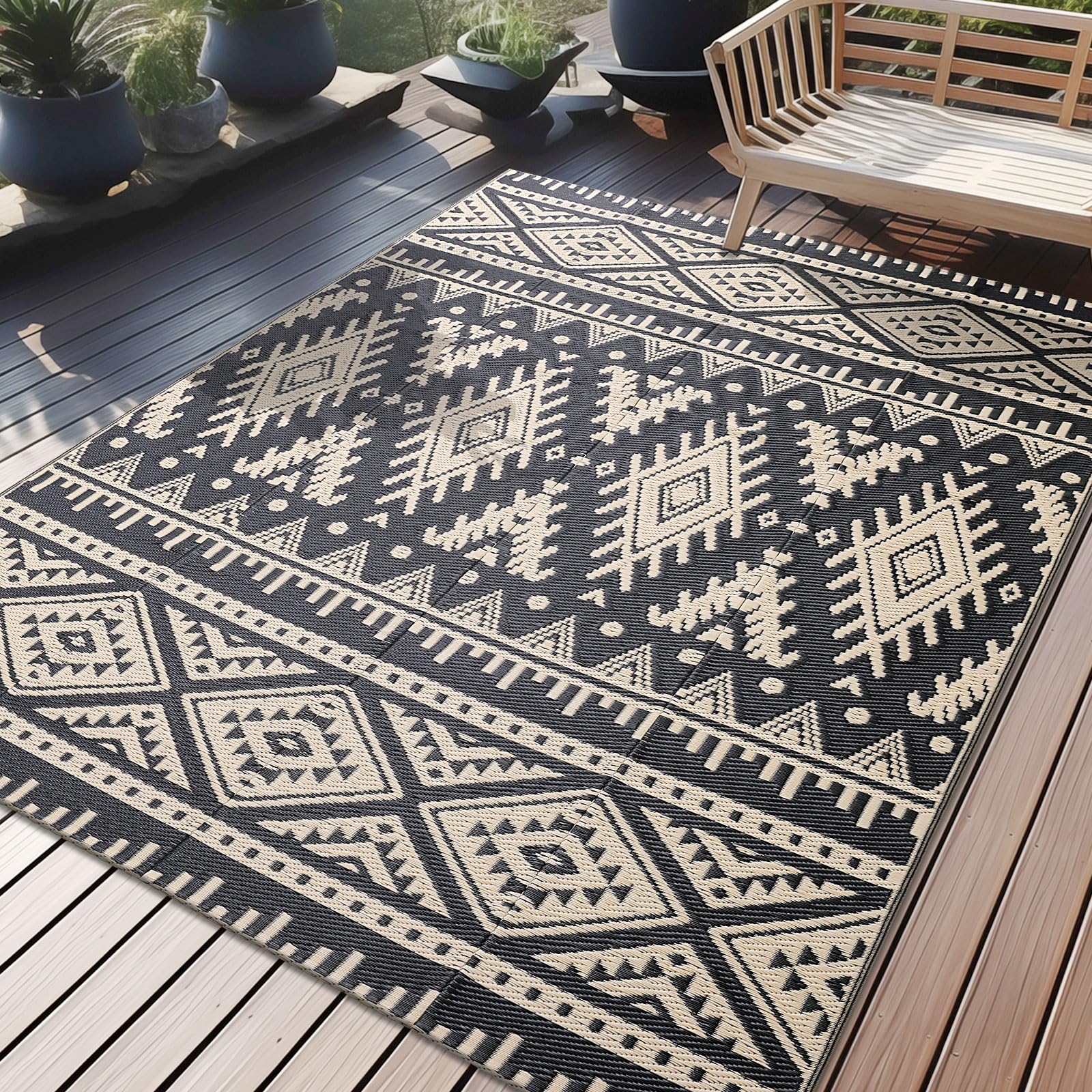 OLANLY Outdoor Rug Waterproof 5x8 ft, Reversible Outdoor Plastic Straw Rug, Boho Patio Rug, Indoor Outdoor Carpet, RV Mat Outside for Patio, Camp, Picnic, Balcony, Deck, Backyard, Black & White