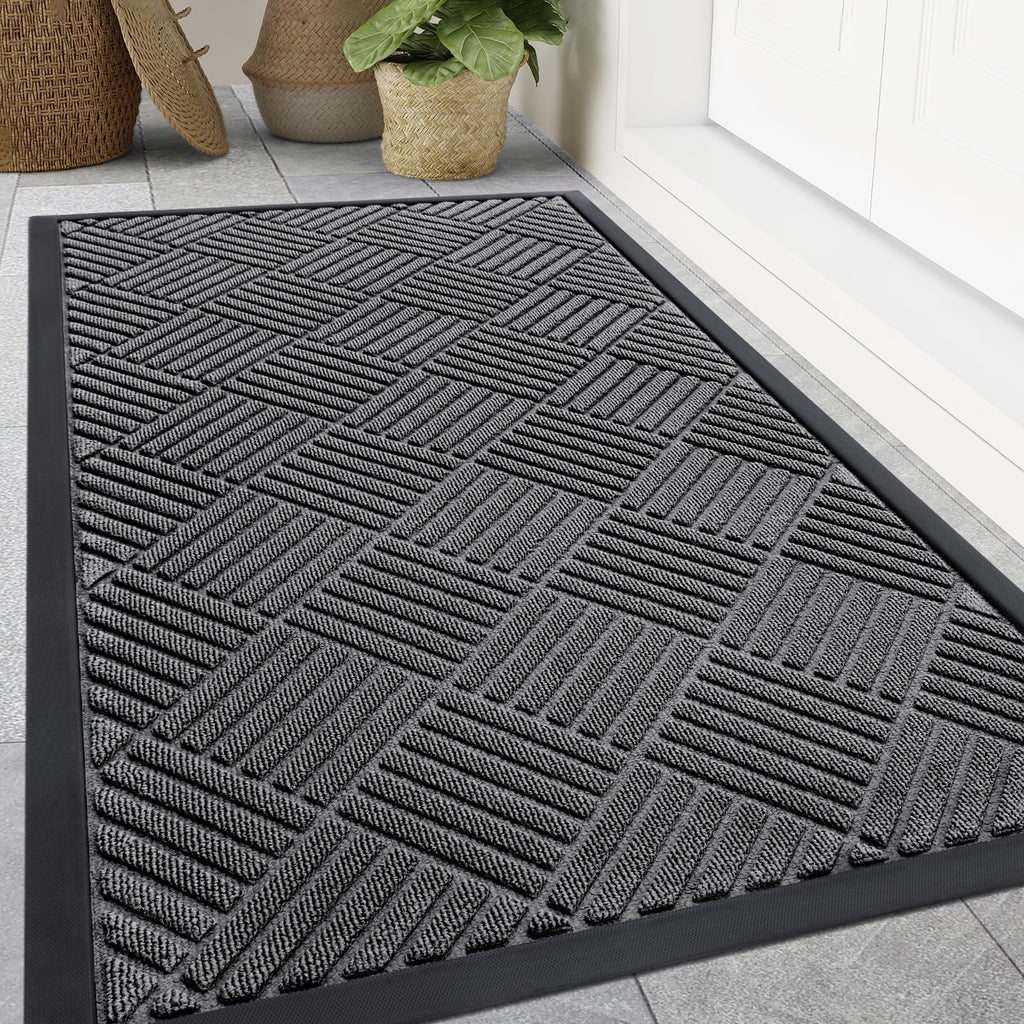Smiry Front Door Mat Outside Entrance, Heavy Duty Outdoor Indoor Natural Rubber Doormat, Non Slip, Trap Dirt and Moisture, Easy Clean, Low Profile Patio Porch Entryway Mat, 29.5x17, Grey