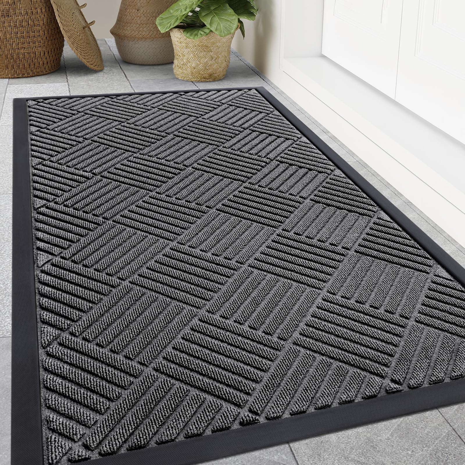 Smiry Front Door Mat Outside Entrance, Heavy Duty Outdoor Indoor Natural Rubber Doormat, Non Slip, Trap Dirt and Moisture, Easy Clean, Low Profile Patio Porch Entryway Mat, 29.5x17, Grey