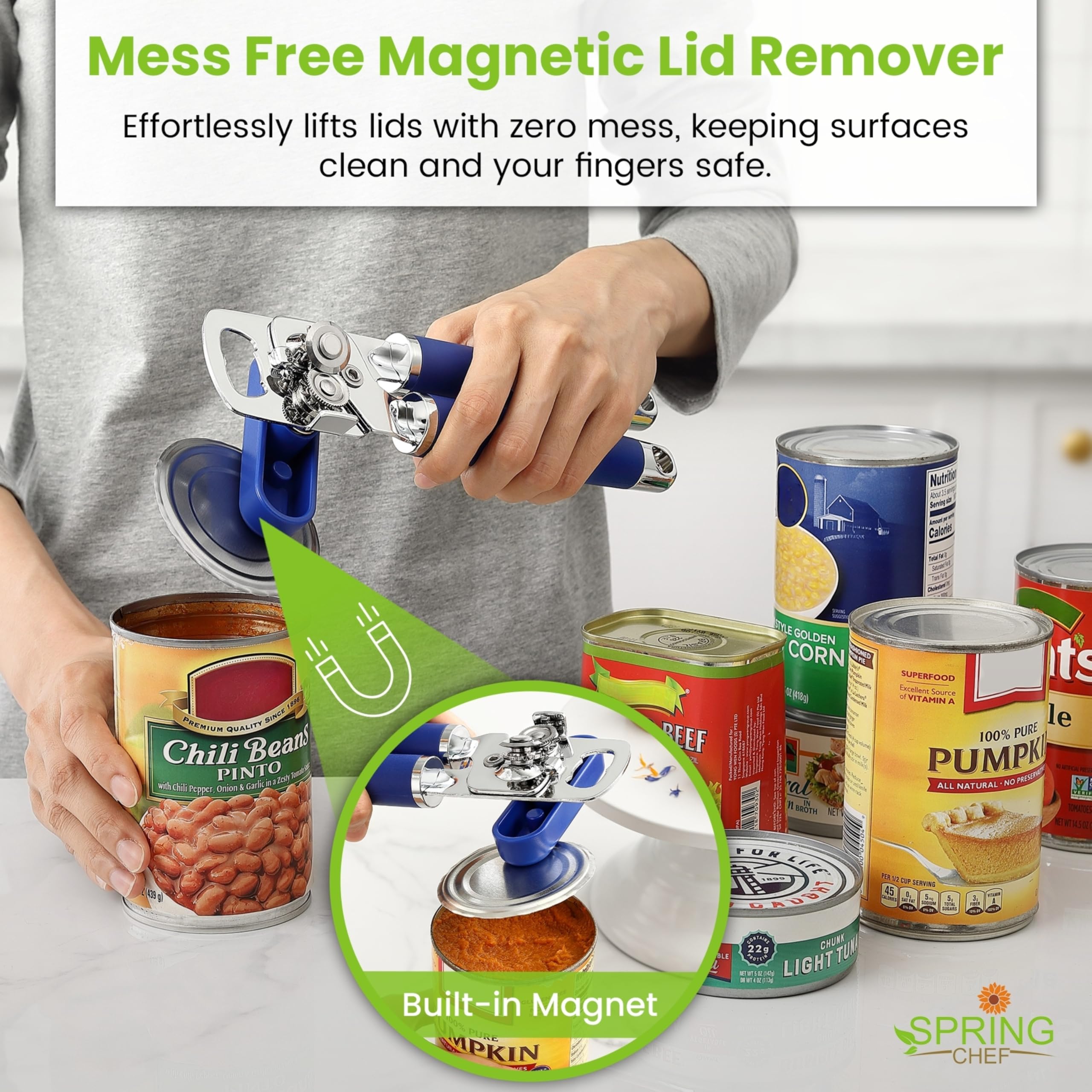 Spring Chef Stainless Steel Can Opener - Manual with Soft Grip Handles, Easy Turn, Heavy Duty Hand Can Openers for Seniors with Smooth Edge - Magnetic Lid Remover - Black