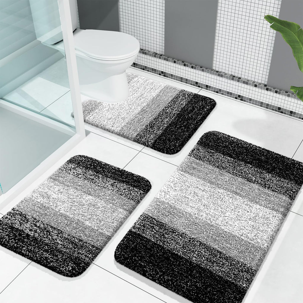 OLANLY Bathroom Rugs Sets 3 Piece, Soft Absorbent Microfiber Bath Mats and U-Shaped Contour Toilet Rug, Machine Wash Dry, Plush Shaggy Bath Mat Set for Bathroom (30"x20"+24"x16"+24"x20", Grey)