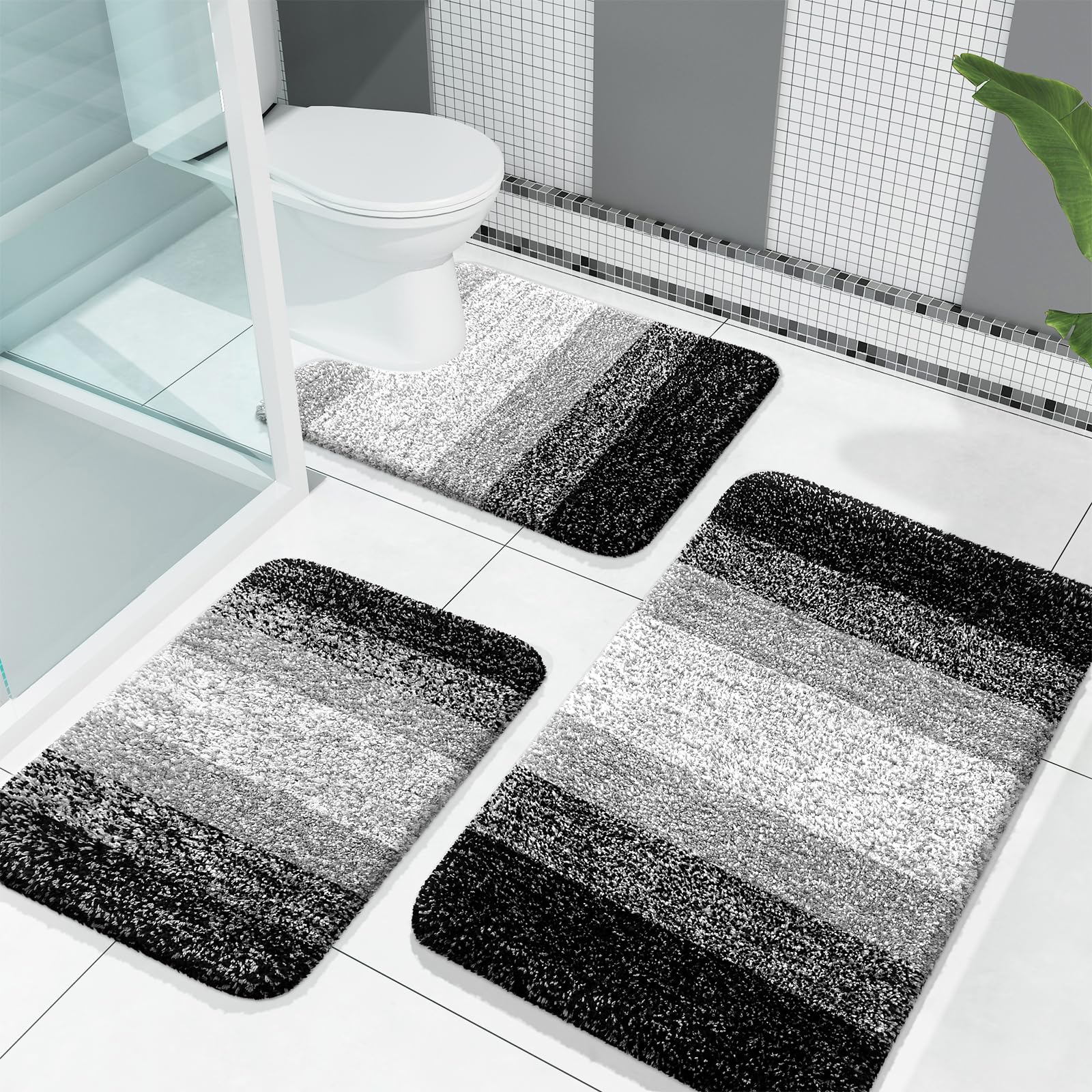 OLANLY Bathroom Rugs Sets 3 Piece, Soft Absorbent Microfiber Bath Mats and U-Shaped Contour Toilet Rug, Machine Wash Dry, Plush Shaggy Bath Mat Set for Bathroom (30"x20"+24"x16"+24"x20", Grey)