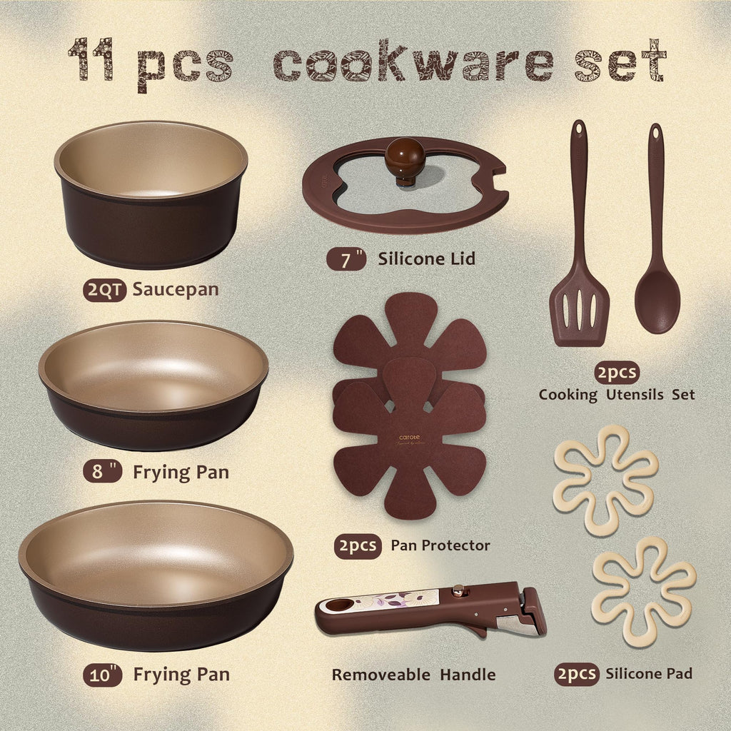 CAROTE Ceramic Pots and Pans Set Non Stick, Nonstick Kitchen Cookware Sets with Lid, Detachable Handle Sauté Pan Set, Non Toxic Frying Pan, Oven Safe, Induction Ready, Cream White