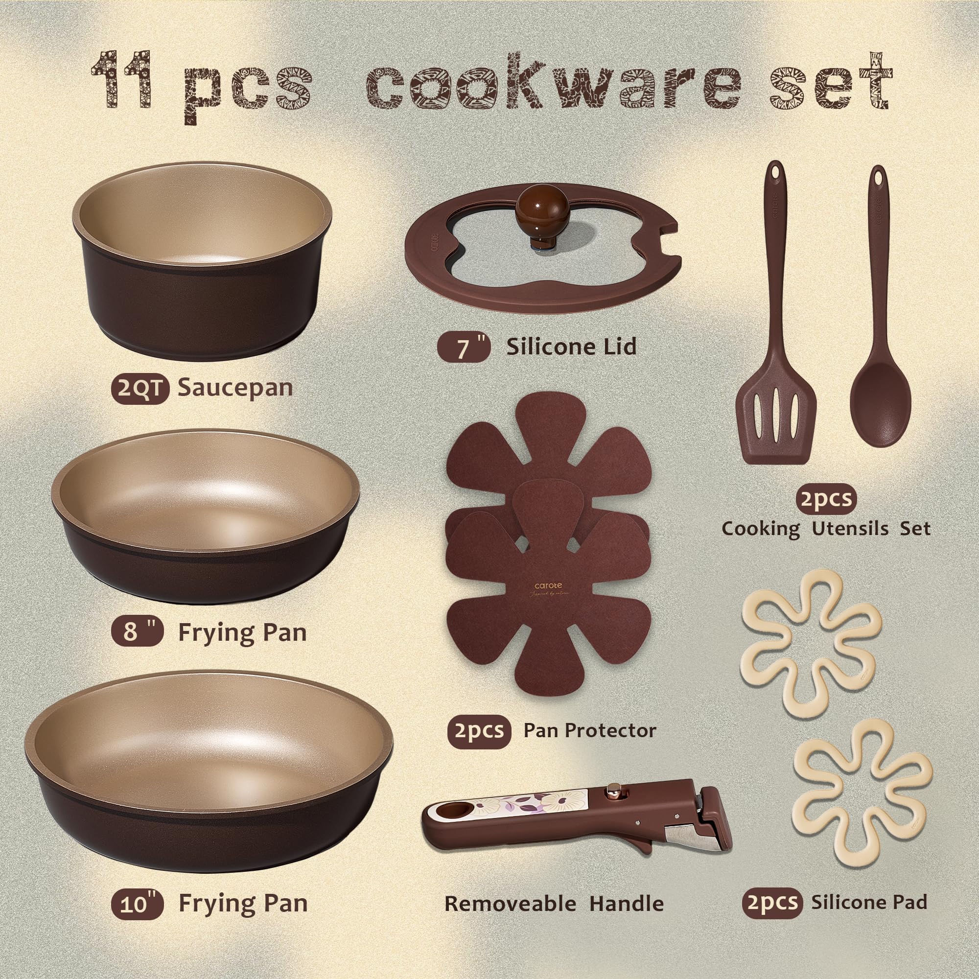 CAROTE Ceramic Pots and Pans Set Non Stick, Nonstick Kitchen Cookware Sets with Lid, Detachable Handle Sauté Pan Set, Non Toxic Frying Pan, Oven Safe, Induction Ready, Cream White