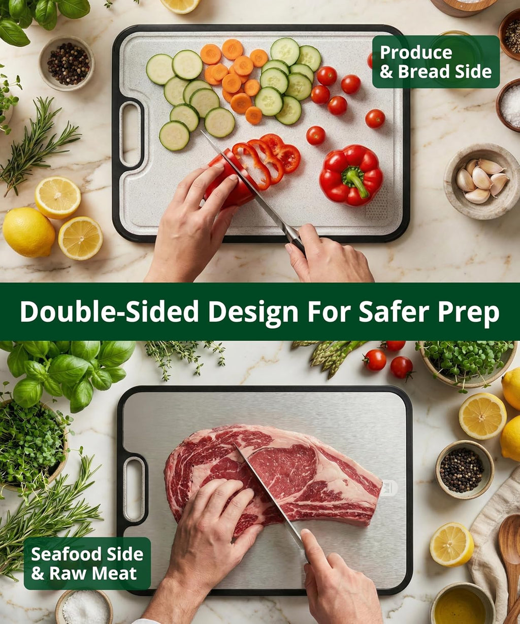 Titanium Cutting Board for Kitchen, Double Sided Cutting Board, Pure Titanium & PP, Large Metal Chopping Board with Juice Groove for Meat and Vegetables, Easy to Clean, 15”×10.4”