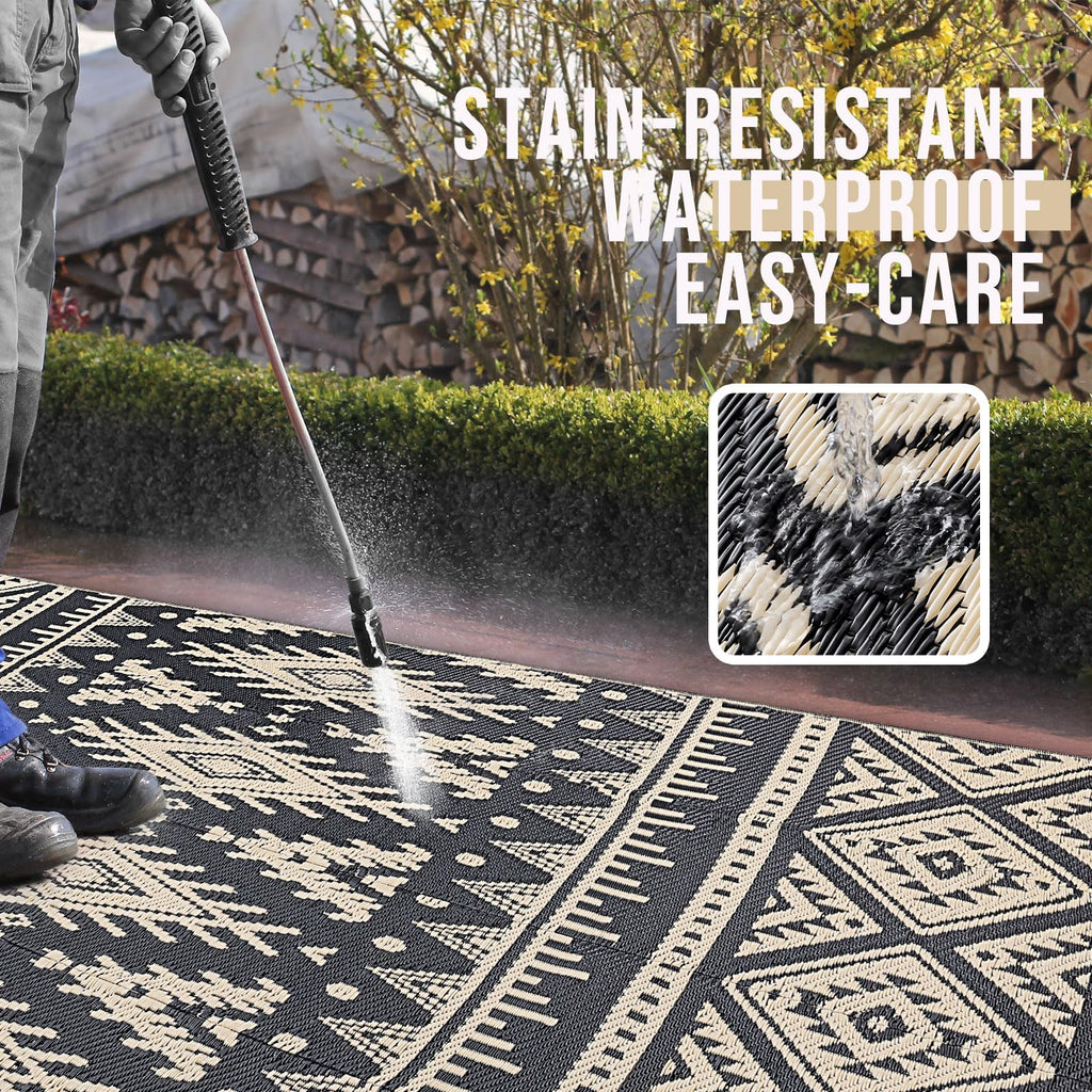 OLANLY Outdoor Rug Waterproof 5x8 ft, Reversible Outdoor Plastic Straw Rug, Boho Patio Rug, Indoor Outdoor Carpet, RV Mat Outside for Patio, Camp, Picnic, Balcony, Deck, Backyard, Black & White