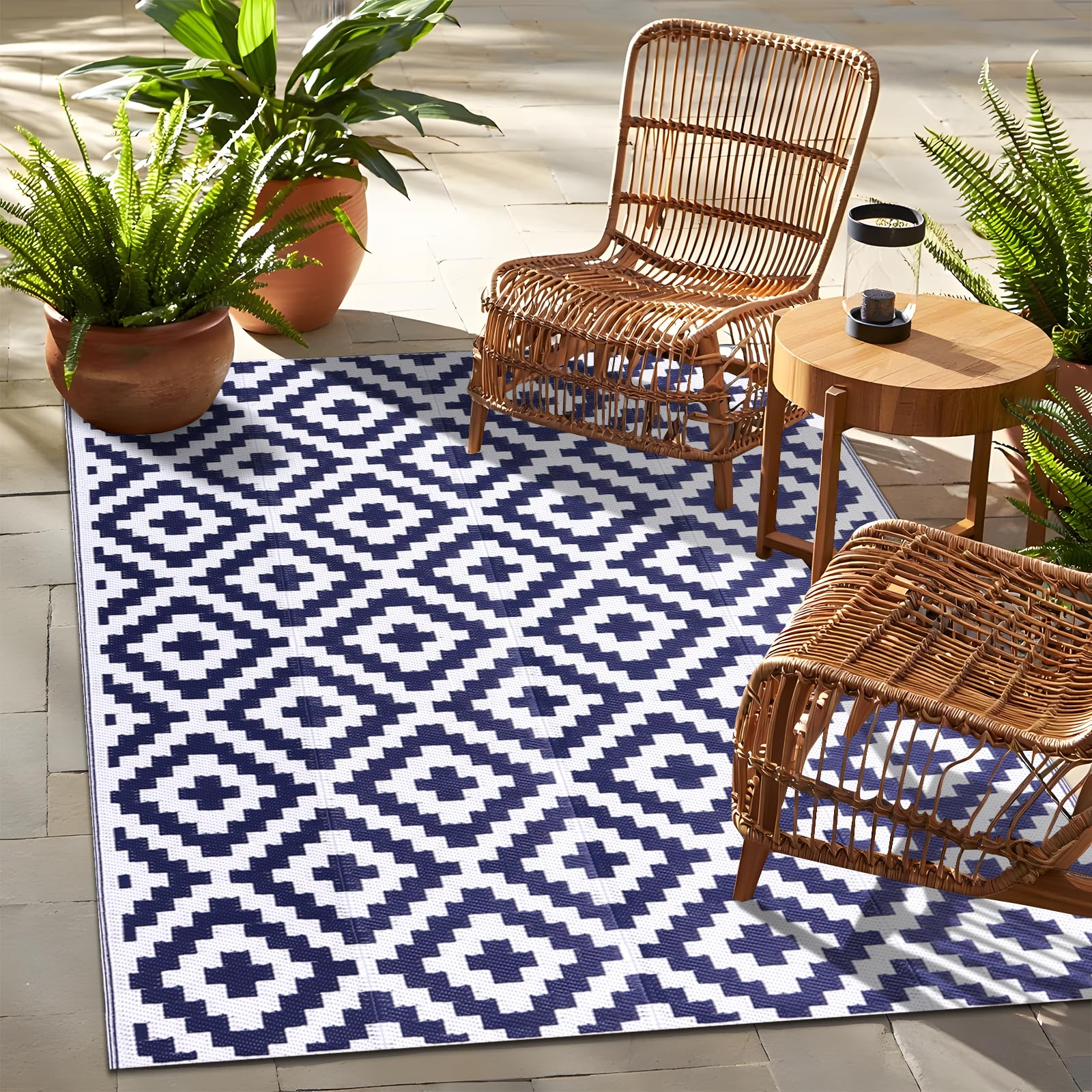 OLANLY Waterproof Outdoor Rug 5x8 ft, Outdoor Plastic Straw Rug for Camping, RV Mat Outside, Indoor Outdoor Carpet for Porch, Deck, Backyard, Balcony, Picnic, Black & White