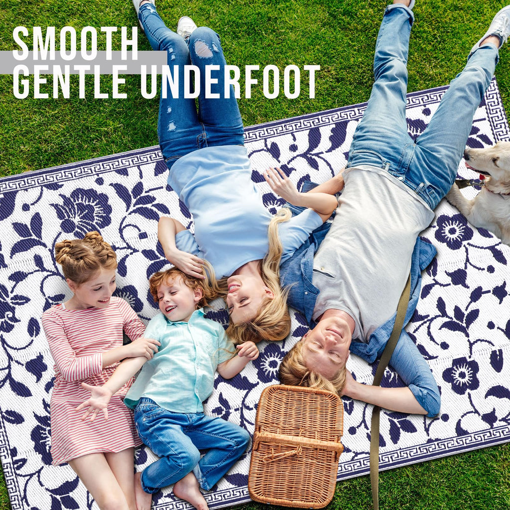 OLANLY Waterproof Outdoor Rug 5x8 ft, Outdoor Plastic Straw Rug with Flower Pattern, Reversible RV Mat for Patio, Camping, Balcony, Deck, Backyard, Navy & White