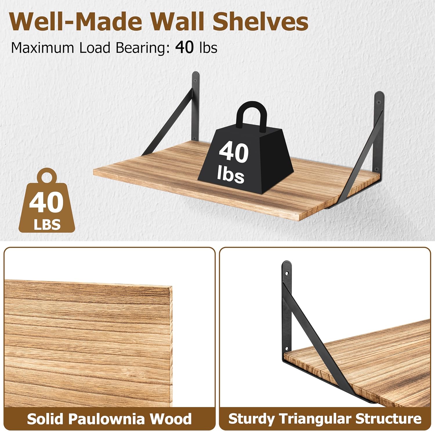 RedCall Floating Shelves,16W x 12D Wood Wall Shelves for Living Room,Bedroom,Kitchen, Office Storage