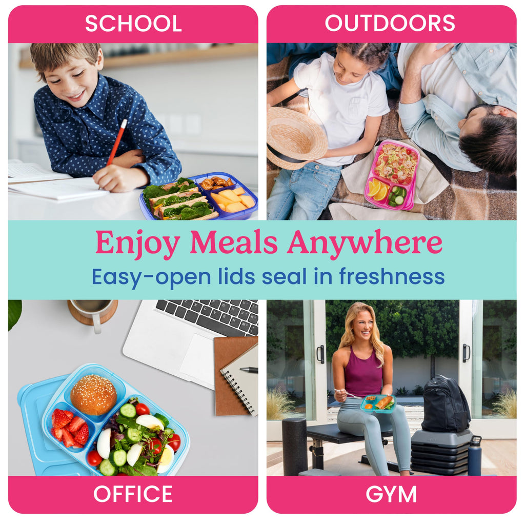 Bentgo Easyboxes - Original Stackable Lunch Boxes - Reusable 3-Compartment Food Containers for Kids and Adults - Bento Lunch Box for Meal Prep, School, & Work - BPA Free, Set of 4 (Classic)