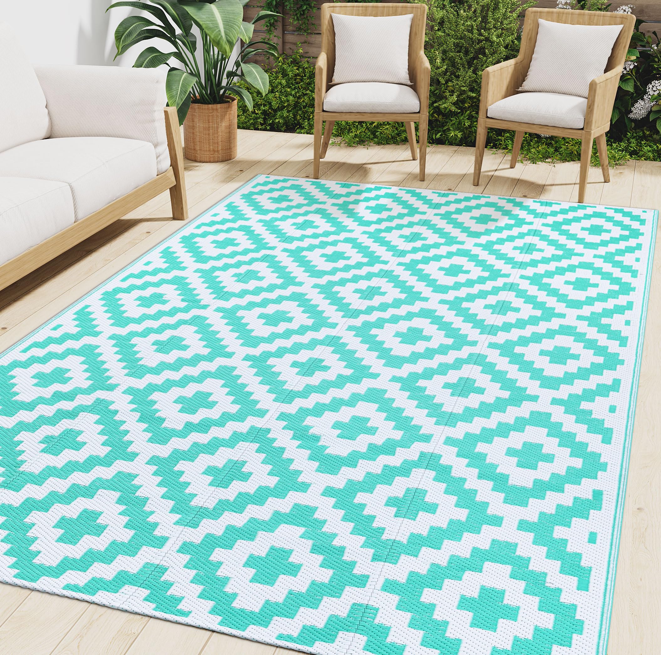 Smiry Waterproof Outdoor Rug 5x8 ft, Reversible Plastic Straw Patio Camping Rugs, Outdoor Indoor RV Mat Carpet for Patio, Outside Entry, Backyard, Deck, Bench, Picnic, Camper, Black & Beige