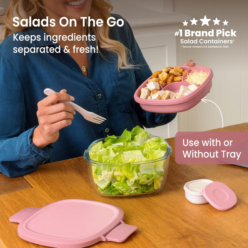 Bentgo Glass Salad Container - 7.6-Cup Salad Bowl with Airtight Lid, Leak-Proof Sauce Container, 4-Compartment Bento Tray & Reusable Fork - BPA-Free for Meal Prep, Office & More (Lavender)