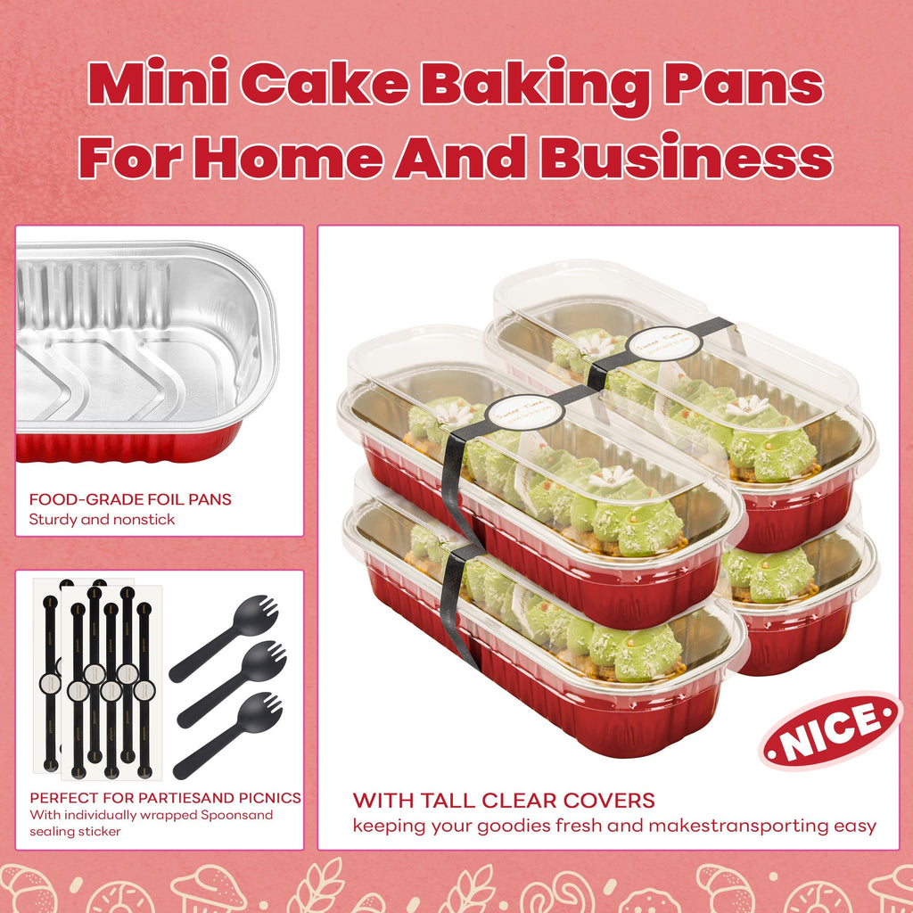 Mini Loaf Pans with Lids and Spoons Rectangular Aluminum Foil Baking Pans Mini Cheesecake Containers 6.8oz(60 Pack, Pink)