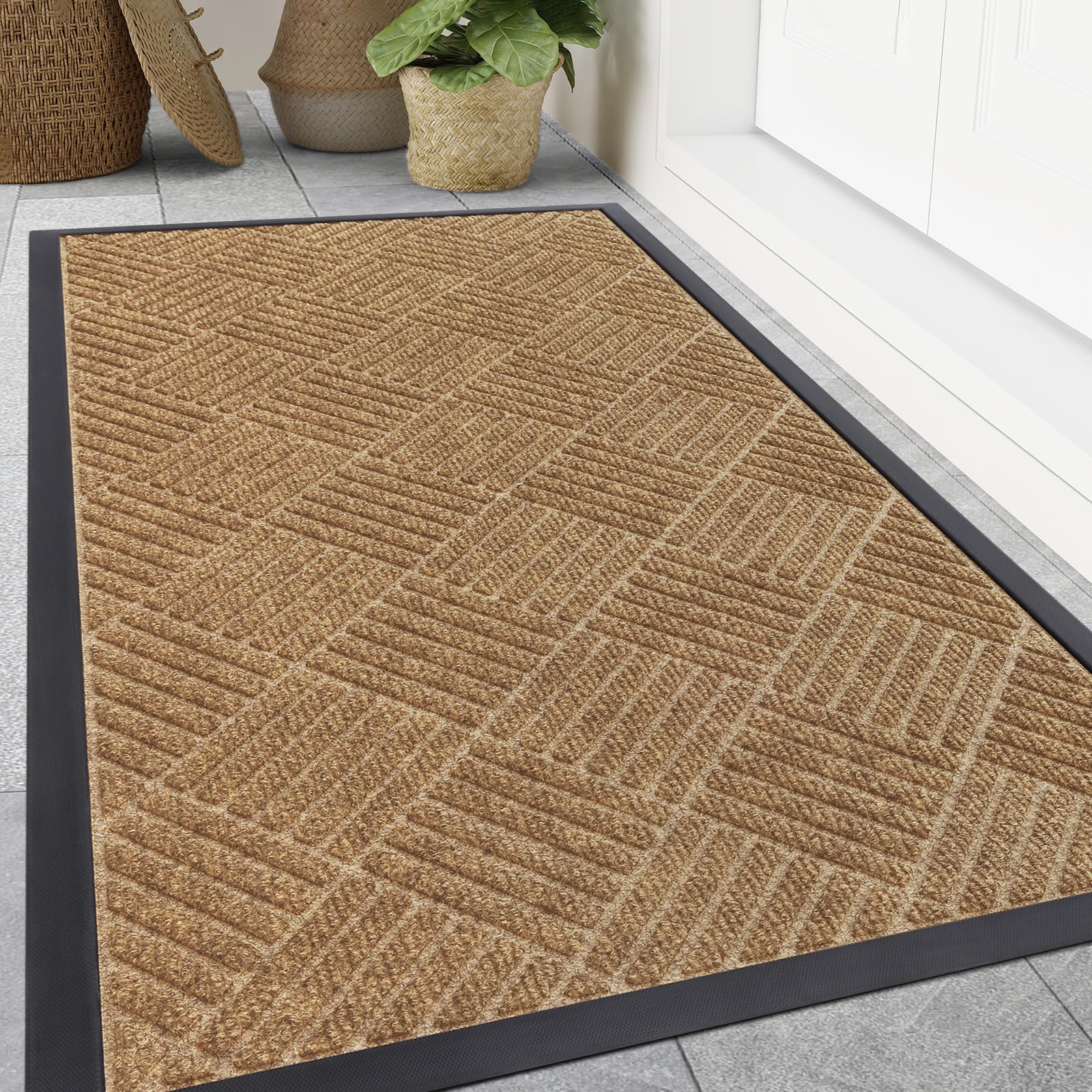 Smiry Front Door Mat Outside Entrance, Heavy Duty Outdoor Indoor Natural Rubber Doormat, Non Slip, Trap Dirt and Moisture, Easy Clean, Low Profile Patio Porch Entryway Mat, 29.5x17, Grey