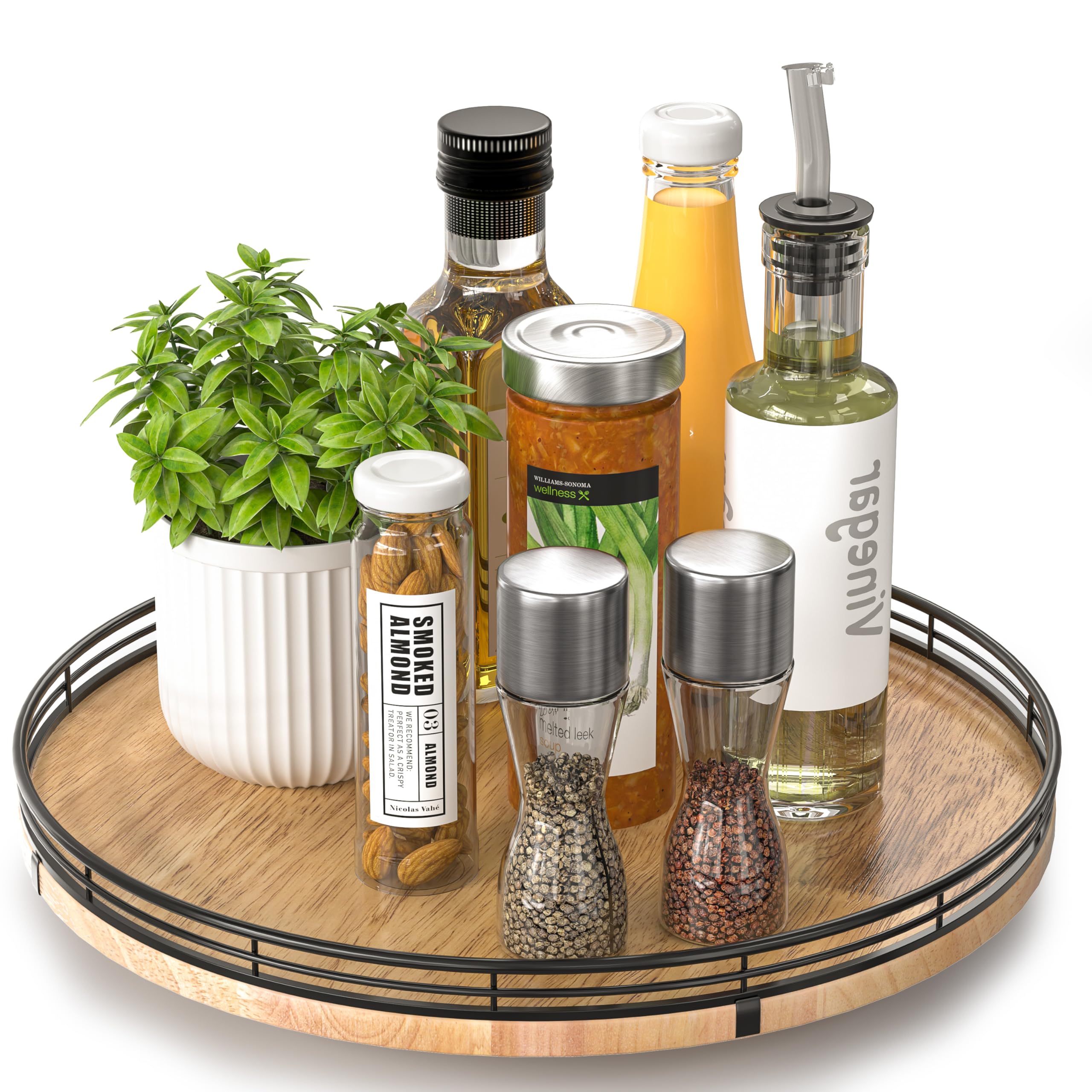 Farmhouse Oak 9" Lazy Susan Turntable Organizer for Cabinet, Round Wooden Lazy Susan Organization and Storage for Dining Table, Pantry, Kitchen, Countertop, Cupboard,Home Decor, Walnut Wood