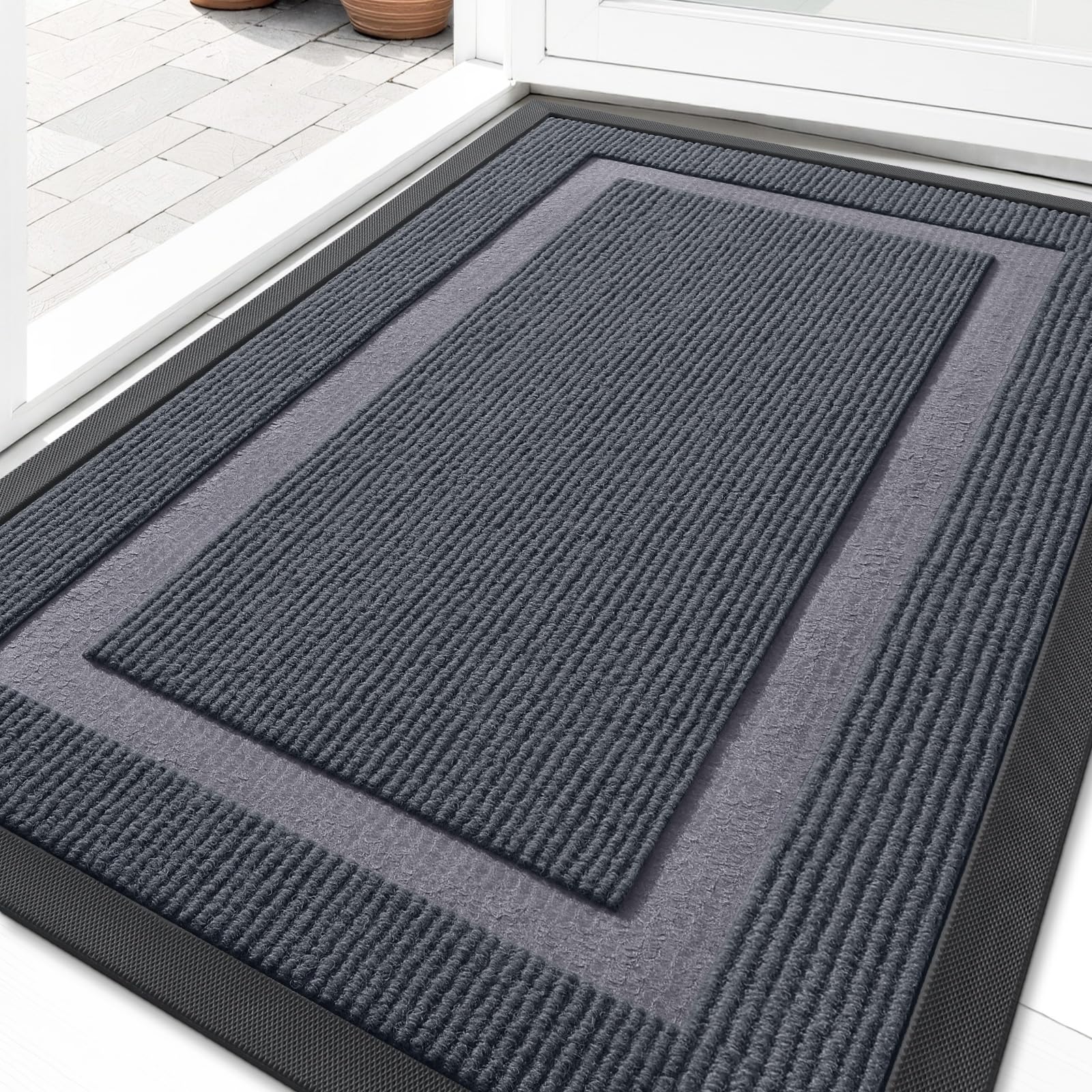 OLANLY Front Door Mat Indoor Outdoor Entrance, Waterproof All-Season, All-Weather Doormat, Sturdy Natural Rubber, Fade Resistant, Low Profile, Easy Clean Patio Porch Entryway Mat, 29.5x17, Black