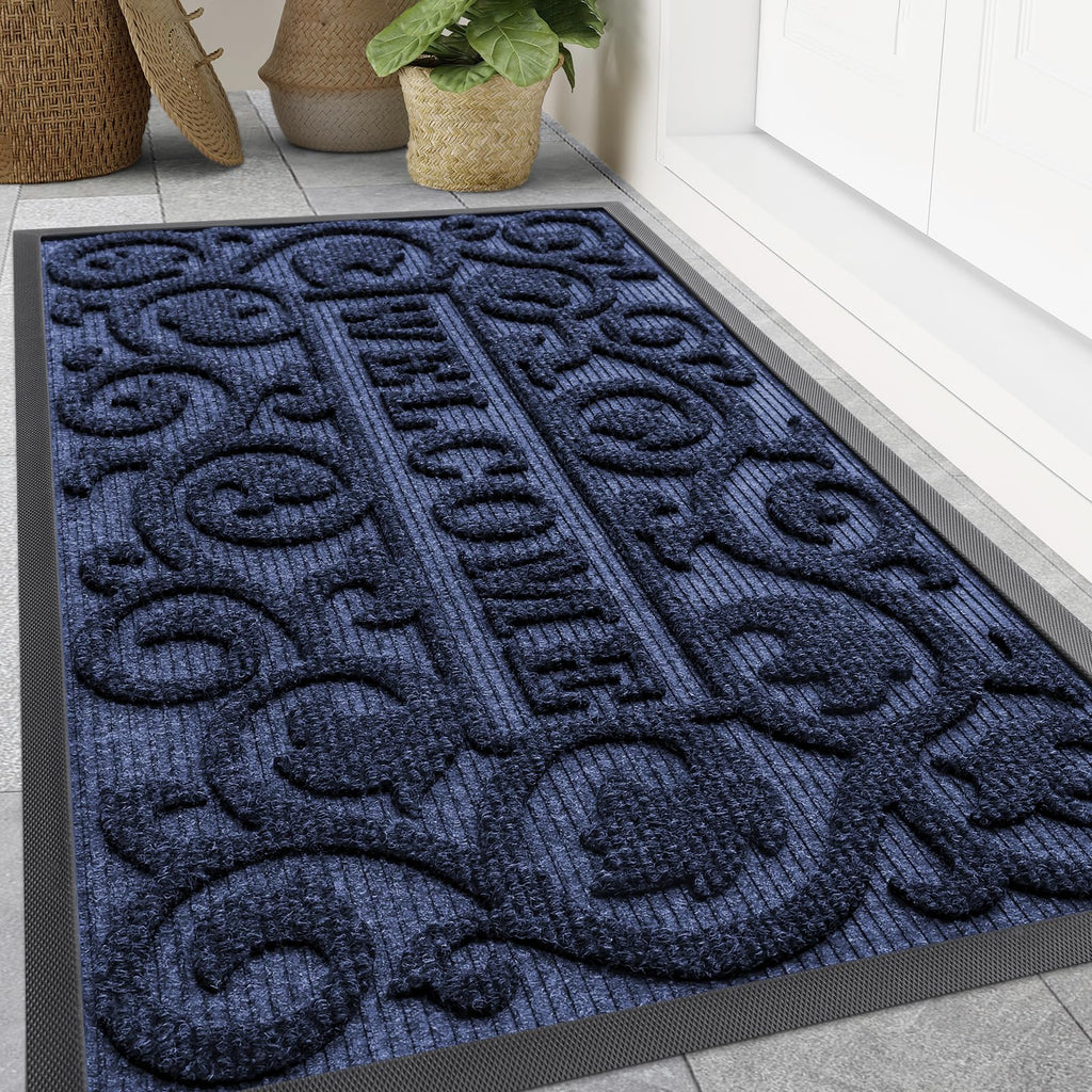 Smiry Front Door Mat Outside Entrance, Heavy Duty Sturdy Natural Rubber Doormat, Trap Dirt and Moisture, Easy Clean Low Profile Mats for Indoor Outdoor Entry, Irregular Triangle (29.5x17, Black)