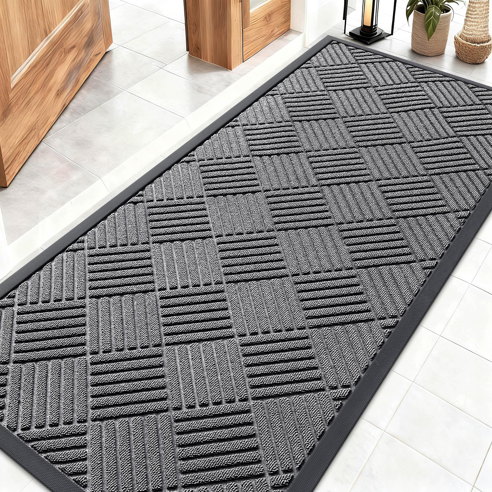 OLANLY Front Door Mat Outside Entrance 29.5x17, Absorbent, Heavy Duty Sturdy Natural Rubber Doormat Indoor Outdoor, Stain and Fade Resistant, Non-Slip Low Profile Floor Mat for Entryway, Grey Diamond