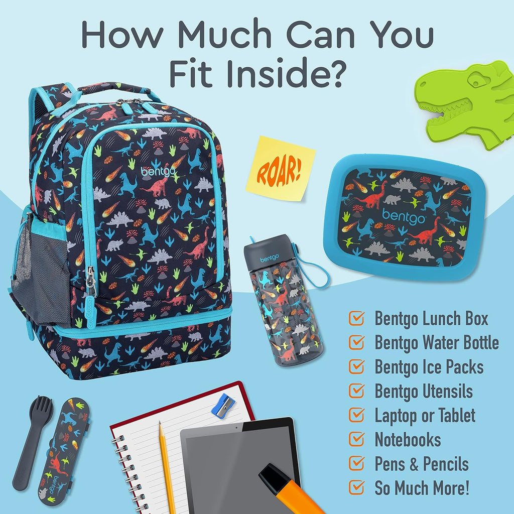 Bentgo 2-in-1 Backpack & Insulated Lunch Bag Set With Stainless Steel Water Bottle (Dinosaur)