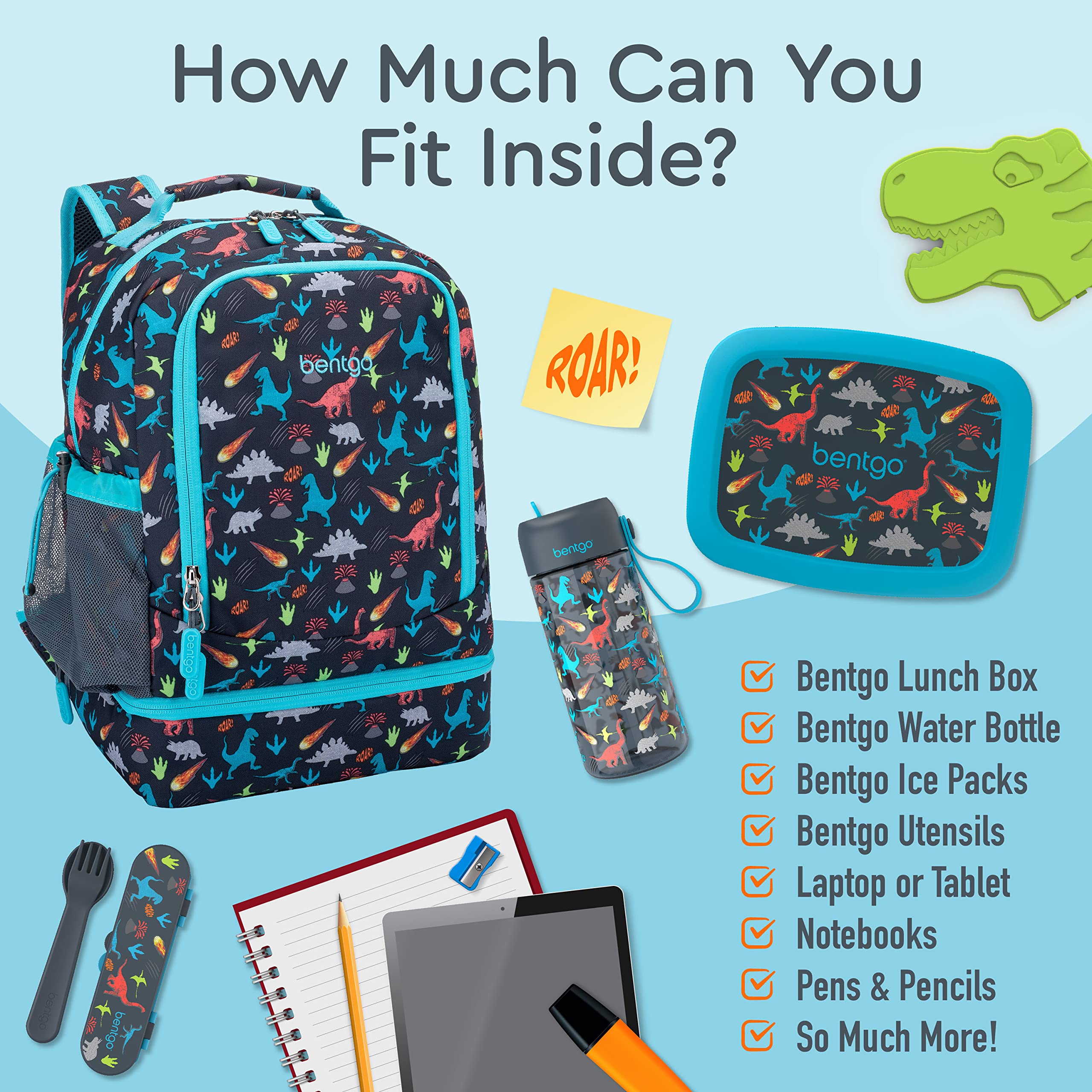Bentgo Kids 2-in-1 Backpack & Insulated Lunch Bag - Durable 16” Backpack & Lunch Container in Unique Prints for School & Travel - Water Resistant, Padded & Large Compartments (Dinosaur)