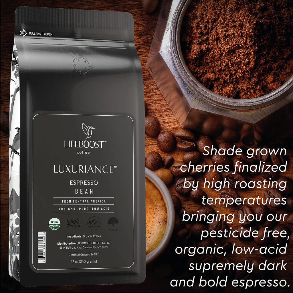 Lifeboost Organic Espresso Whole Bean Coffee - Low Acid Espresso Coffee, Non-GMO, USDA Organic, Single Origin, Third-Party Tested for Mycotoxins & Pesticides - 12 oz Bag