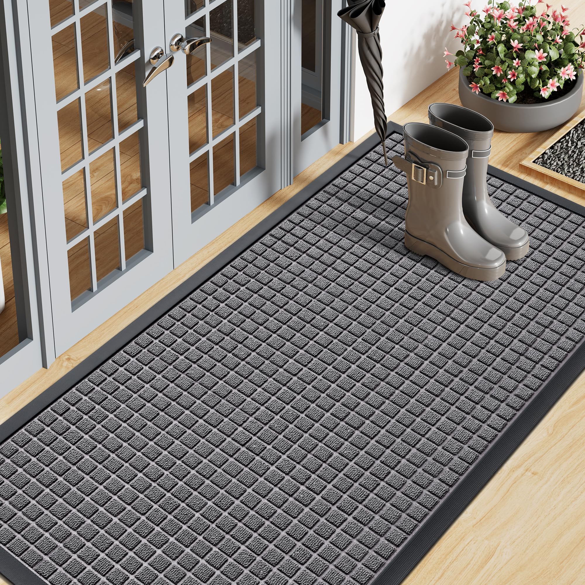 Smiry Front Door Mat Outside Entrance, Heavy Duty Natural Rubber Doormat, Non Slip, Trap Dirt and Moisture, Easy Clean, Low Profile Welcome Floor Mats for Indoor Outdoor Entry, 29.5x17 Inch, Black