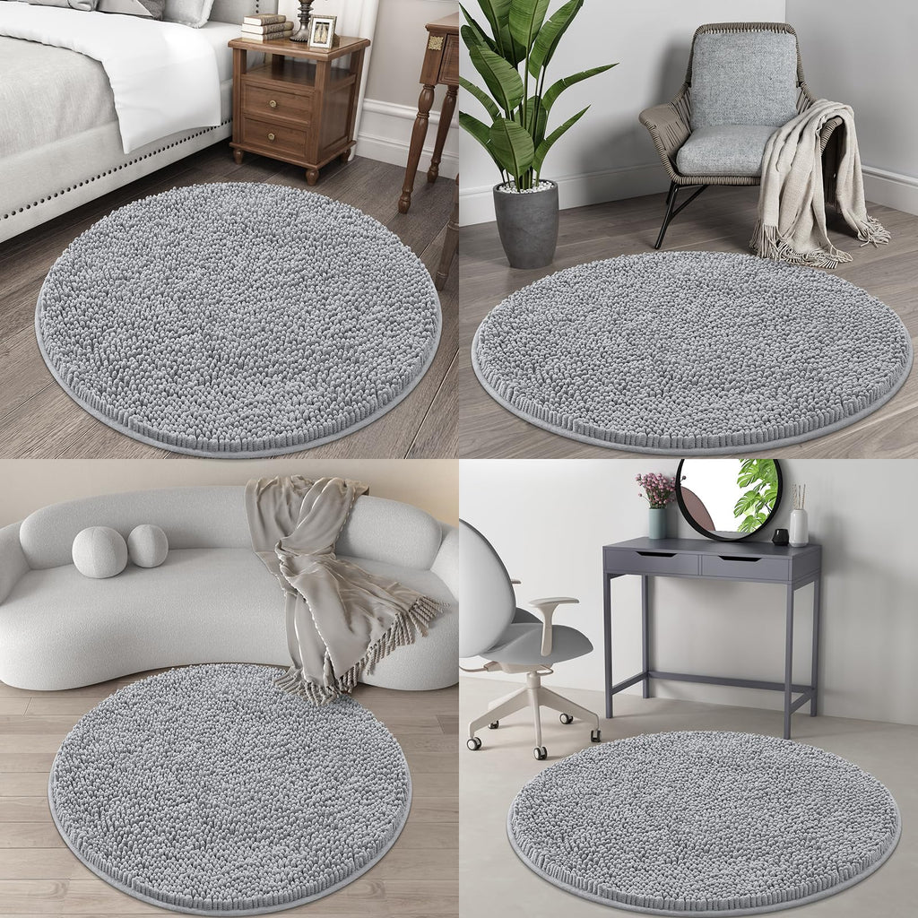 OLANLY 30-inch Round Bathroom Rugs, Extra Soft and Absorbent Chenille Bath Rugs, Quick Dry Machine Washable Bath Mats for Bathroom Floor, Tub and Shower, Home Decor Accessories, Grey