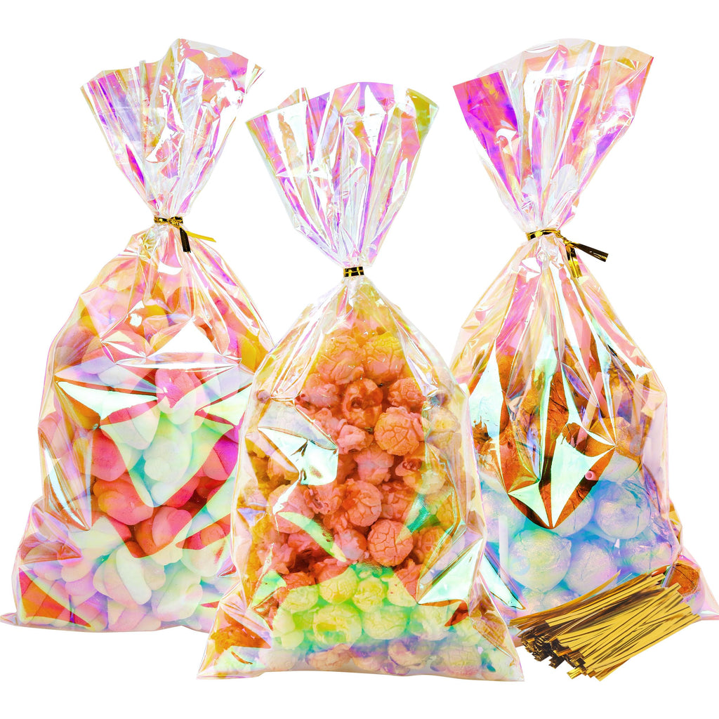 NPLUX Cellophane Treat Bags,Plastic Iridescent Party Favor Bags Clear Candy Bags with Twist Ties for Gift, Cookies, Snacks(100PACK, 6x10inch)