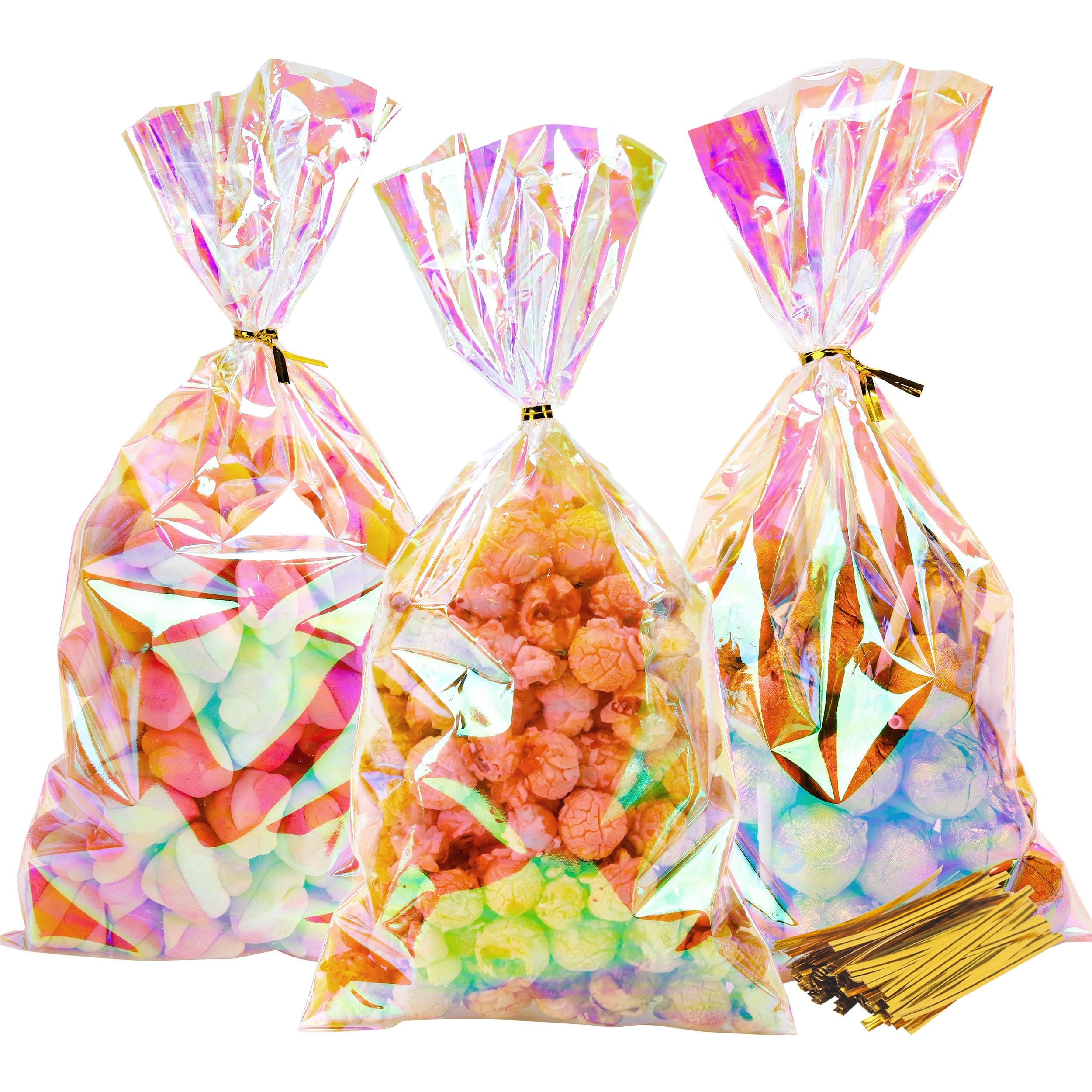 NPLUX Cellophane Treat Bags,Plastic Iridescent Party Favor Bags Clear Candy Bags with Twist Ties for Gift, Cookies, Snacks(100PACK, 6x10inch)