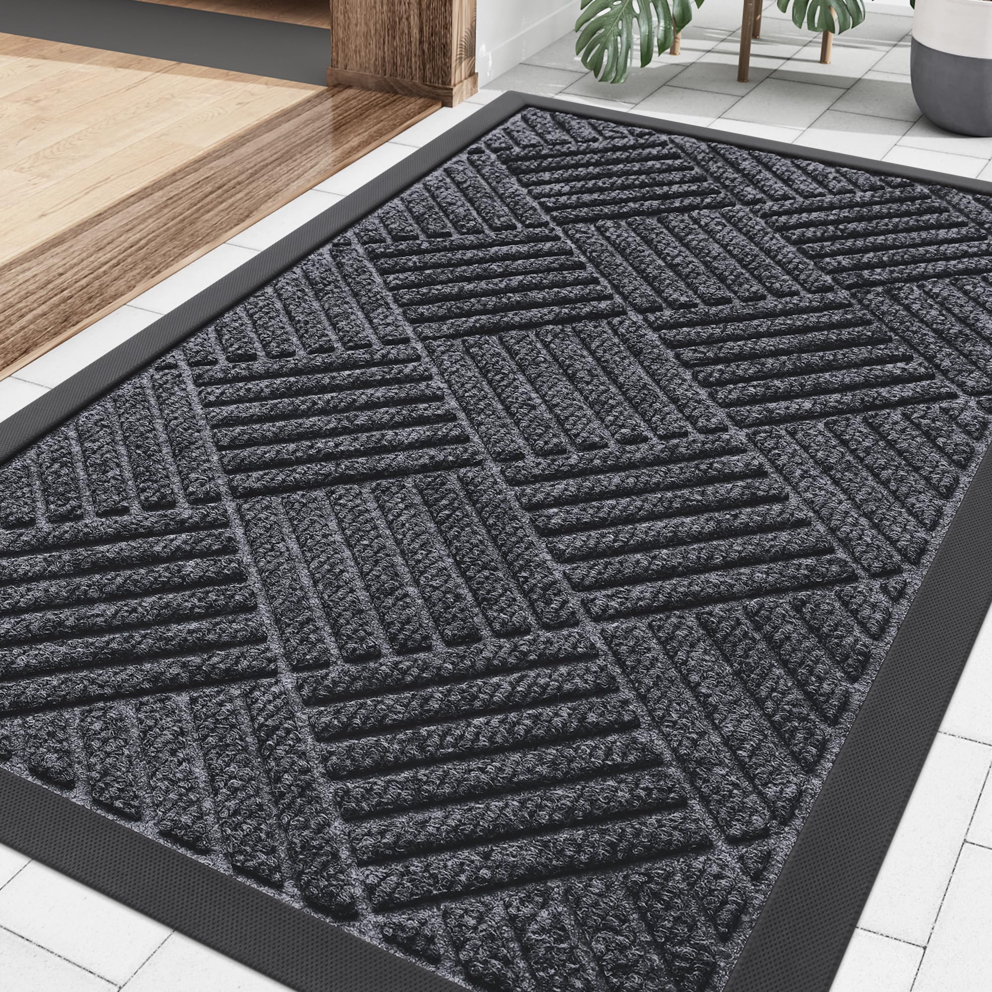 Smiry Front Door Mat Outside Entrance, Heavy Duty Outdoor Indoor Natural Rubber Doormat, Non Slip, Trap Dirt and Moisture, Easy Clean, Low Profile Patio Porch Entryway Mat, 29.5x17, Grey