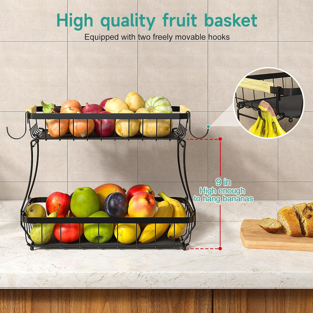 2 Pack Under Sink Organizer and 2 Tier Fruit Basket for Kitchen with 2 Banana Hangers