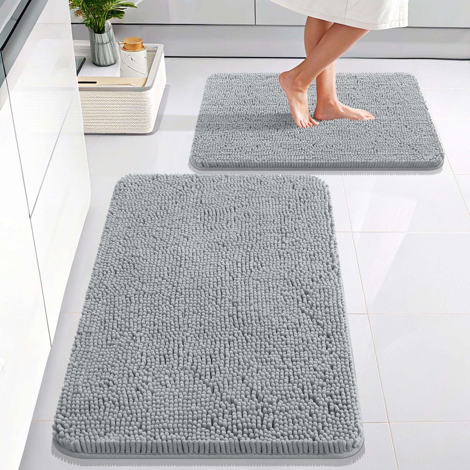 OLANLY Bathroom Rugs Sets 2 Piece, Soft Absorbent Chenille Bath Mats and U-Shaped Contour Toilet Mat Area Rug Set, Machine Washable Bath Carpet, Home Decor Accessories(30"x20"+24"x20", Grey)