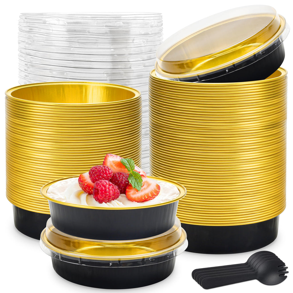 8 OZ Mini Cake Pans Disposable Ramekins with Lids Round Aluminum Mini Foil Cake Tins Baking Pans for Party Wedding Pudding (Black Gold, 25 Pack)