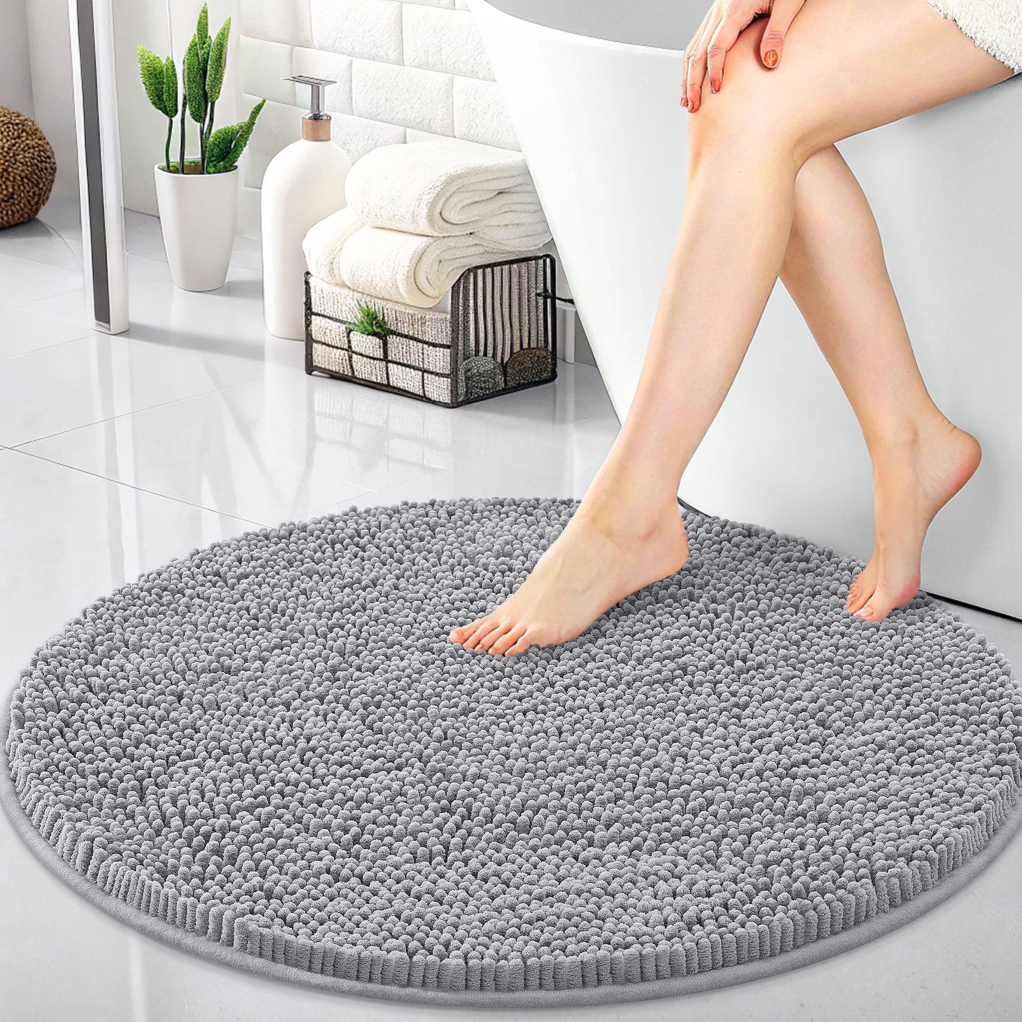 OLANLY 30-inch Round Bathroom Rugs, Extra Soft and Absorbent Chenille Bath Rugs, Quick Dry Machine Washable Bath Mats for Bathroom Floor, Tub and Shower, Home Decor Accessories, Grey