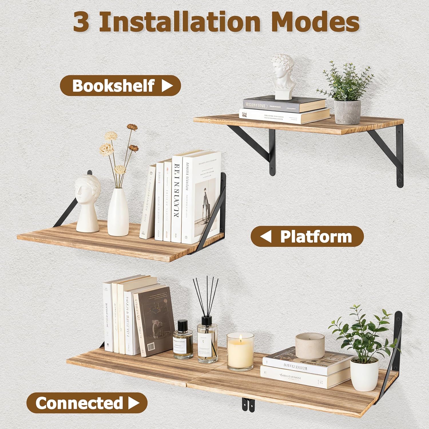 RedCall Floating Shelves,16W x 12D Wood Wall Shelves for Living Room,Bedroom,Kitchen, Office Storage