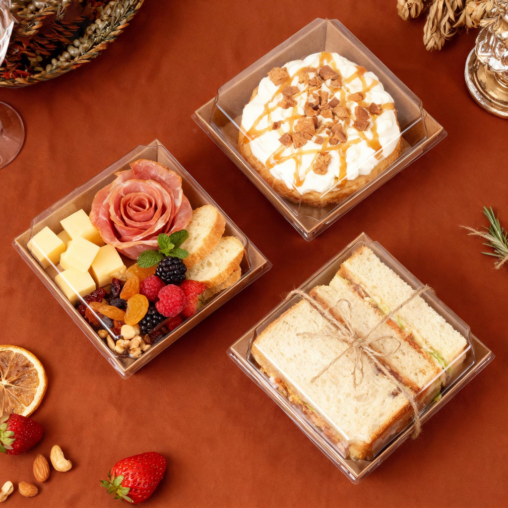 Disposable Charcuterie Boxes with Clear Lid, Food Boxes for Cold&Room Temperature Foods,Grease-Resistant Bakery Packaging for Pastry & Takeout Use 5.3x4.9x2.5INCH(50 Pack,Brown)