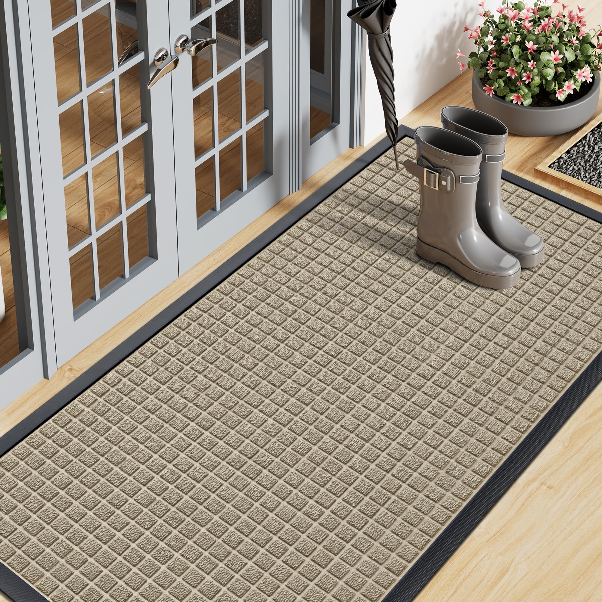 Smiry Front Door Mat Outside Entrance, Heavy Duty Natural Rubber Doormat, Non Slip, Trap Dirt and Moisture, Easy Clean, Low Profile Welcome Floor Mats for Indoor Outdoor Entry, 29.5x17 Inch, Black