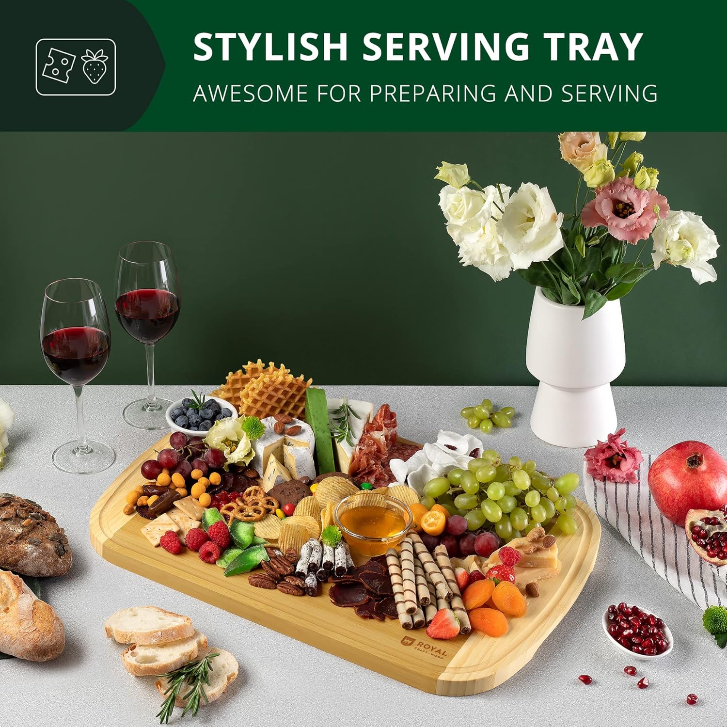 ROYAL CRAFT WOOD Bamboo Cutting Boards for Kitchen, Wood Chopping Boards with Juice Groove, Wooden Cutting Board for Vegetables, Fruit and Cheese, Charcuterie Serving Tray (XX-Large)